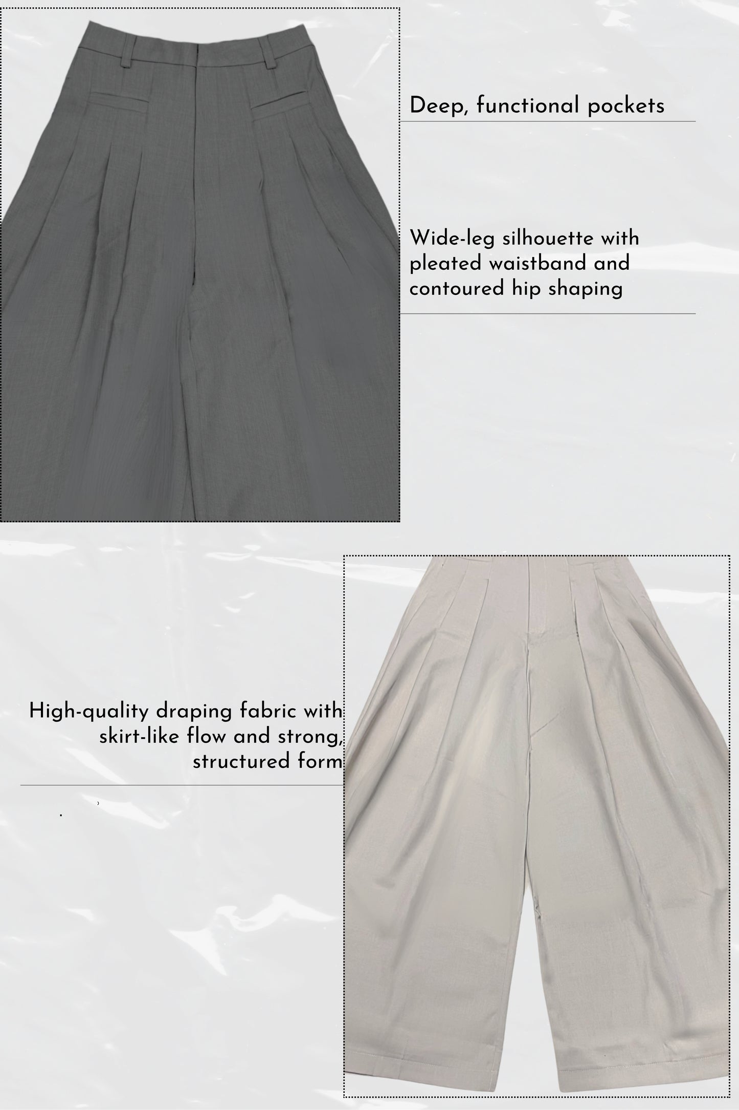 Gray wide-leg pants with pleated waistband and contoured hip shaping, featuring text descriptions.