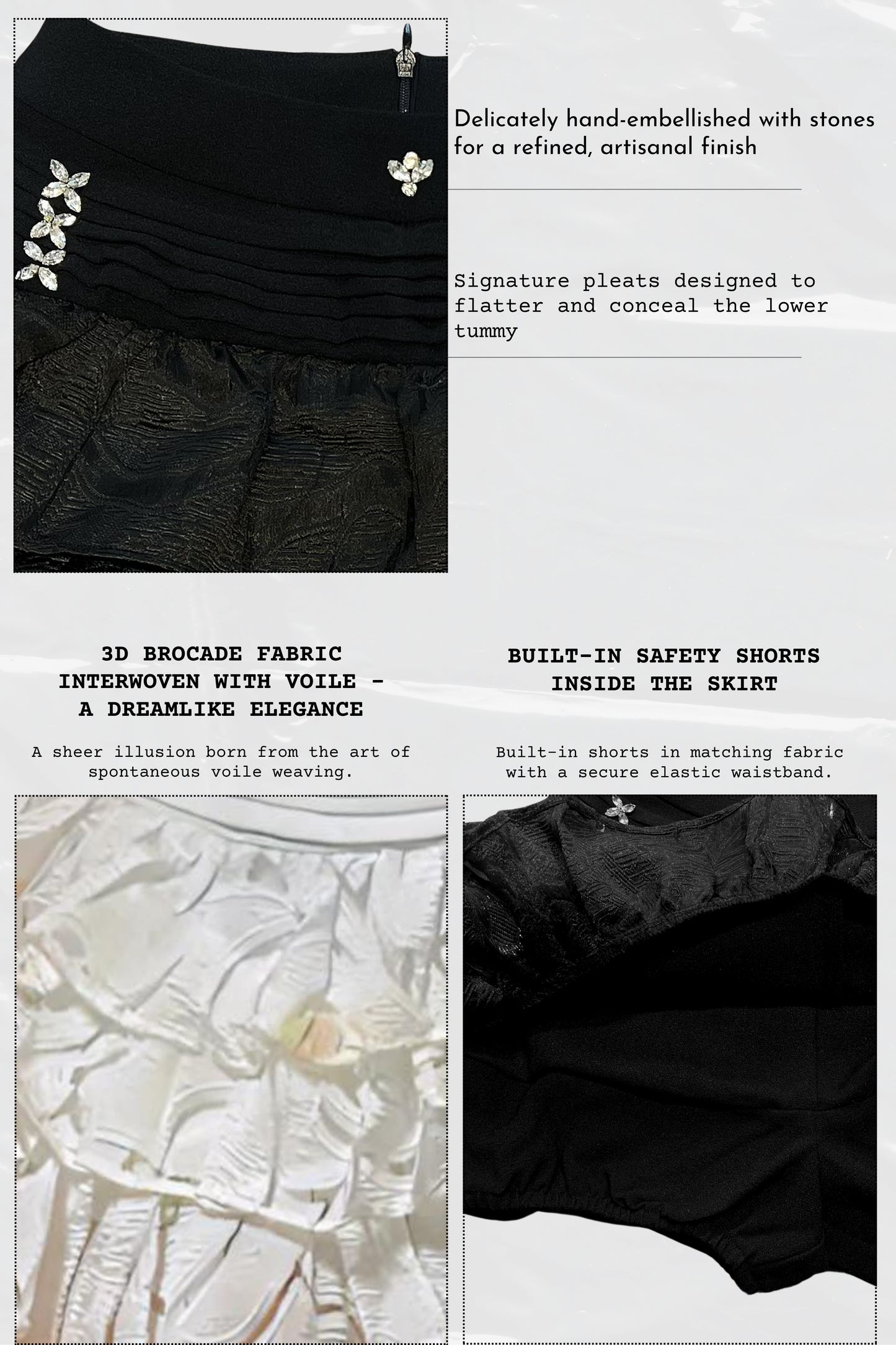 Black skirt with text describing features and design elements.