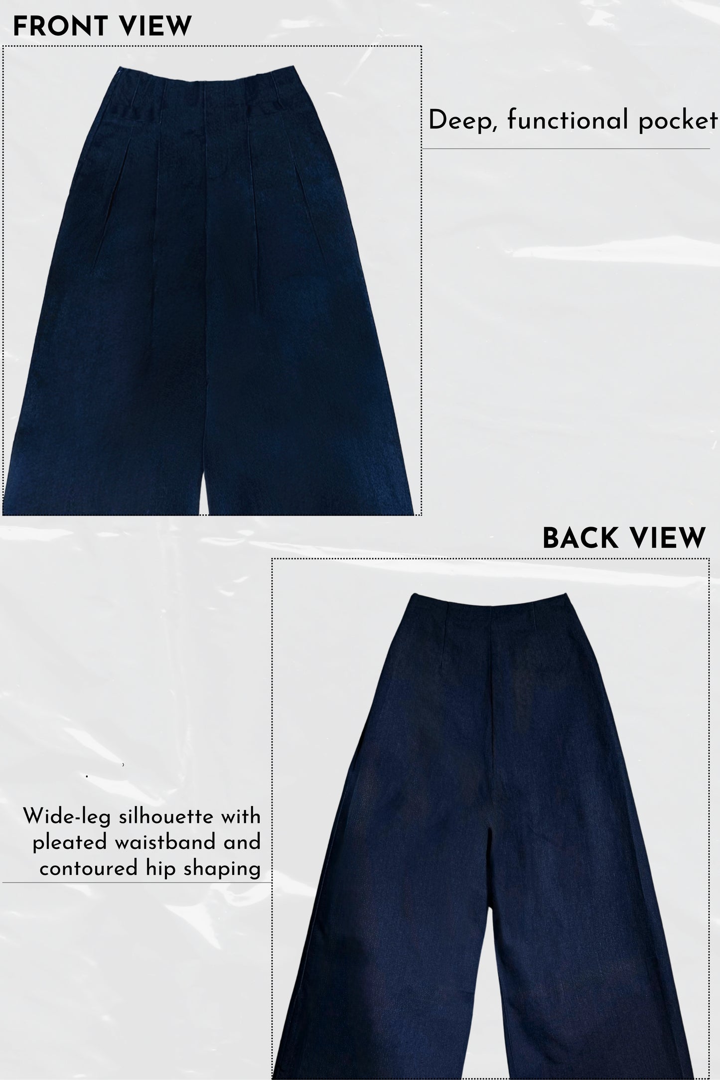 Navy blue pants shown from front and back views with text describing features.