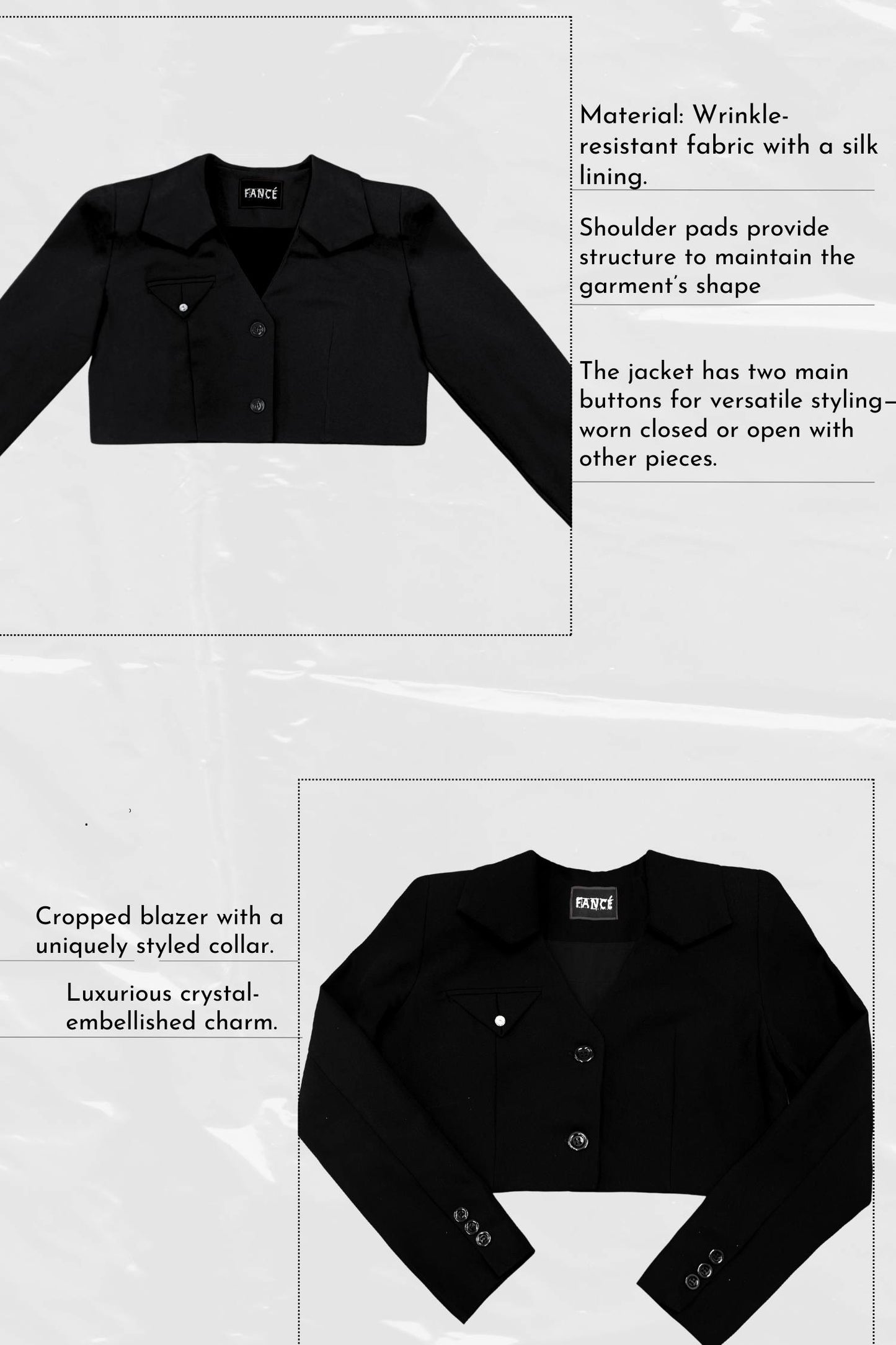 Black cropped blazer with unique collar design on a white background
