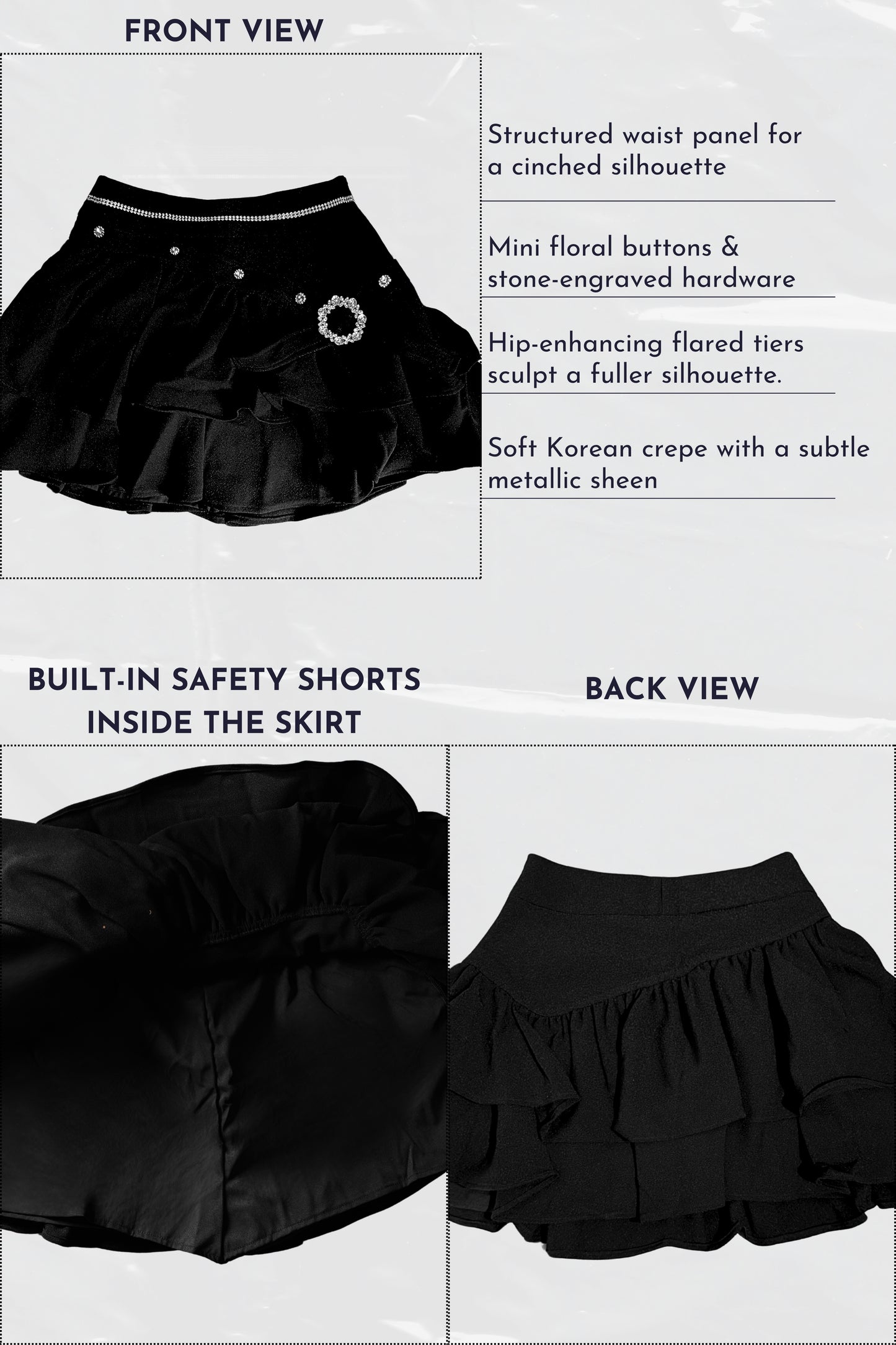 Black skirt with structured waist panel, mini floral buttons, and built-in safety shorts on a white background.