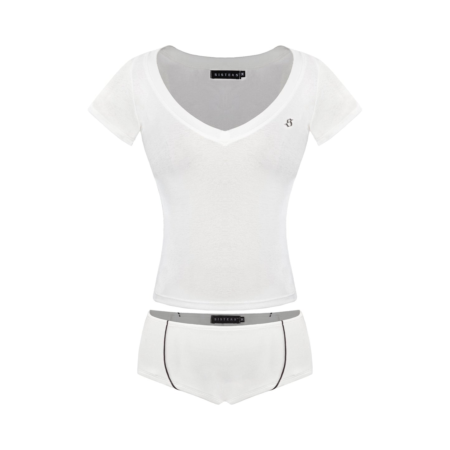 White t-shirt with a small logo on a white background
