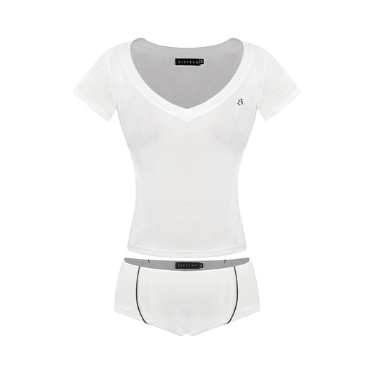 White t-shirt with a small logo on a white background