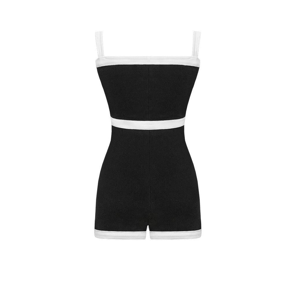 Black romper with white waistband on a white background
