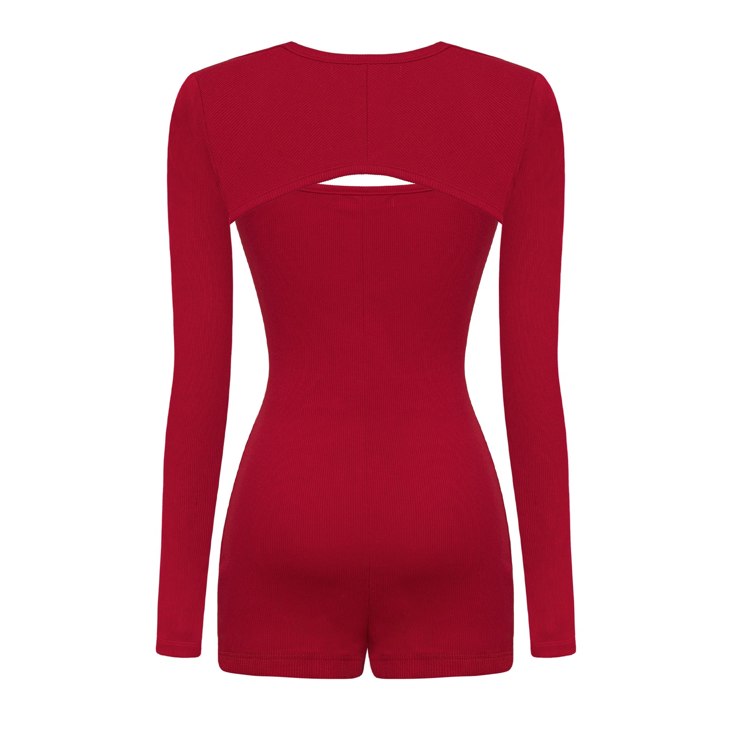 Red bodysuit with cutout design on a white background