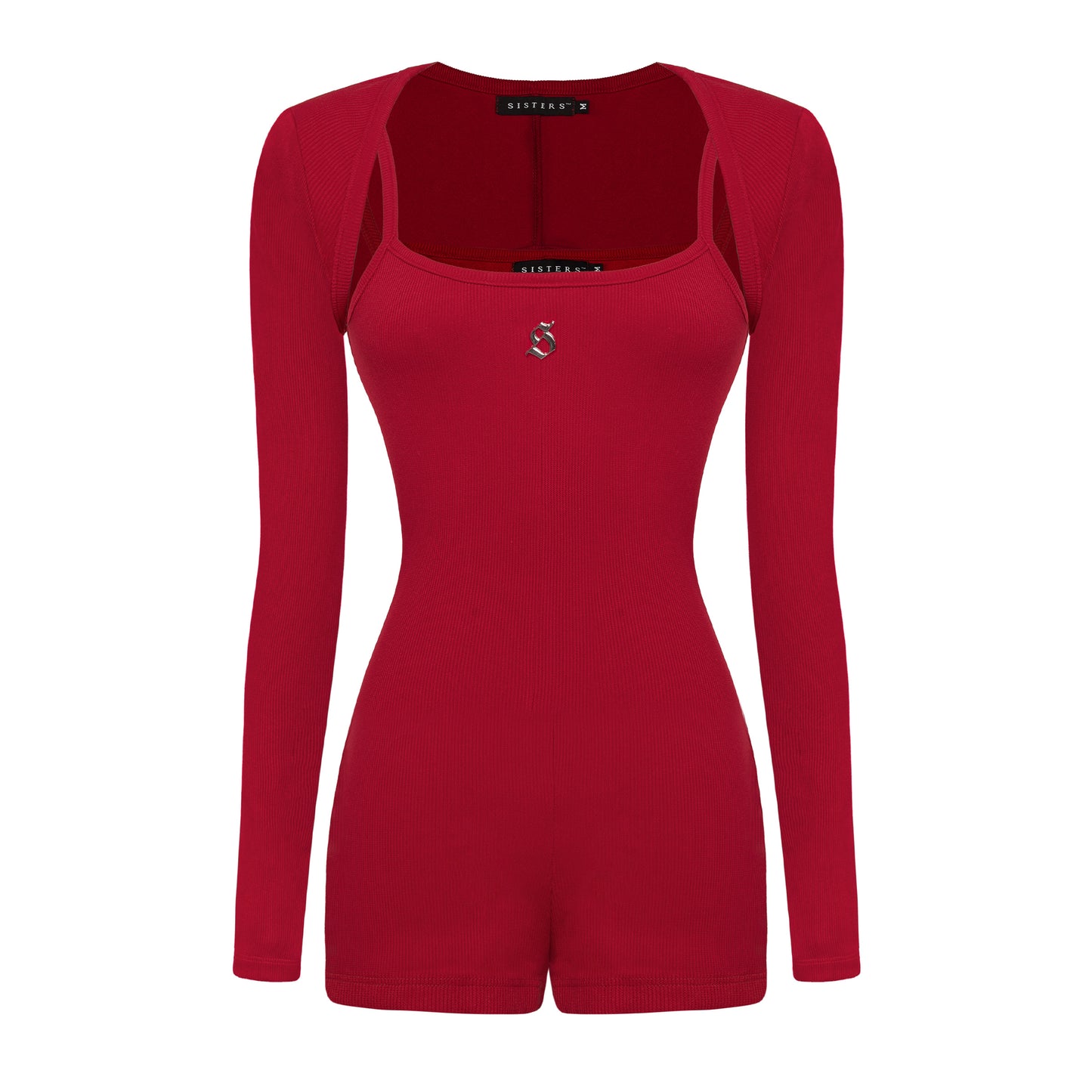 Red bodysuit with long sleeves on a white background