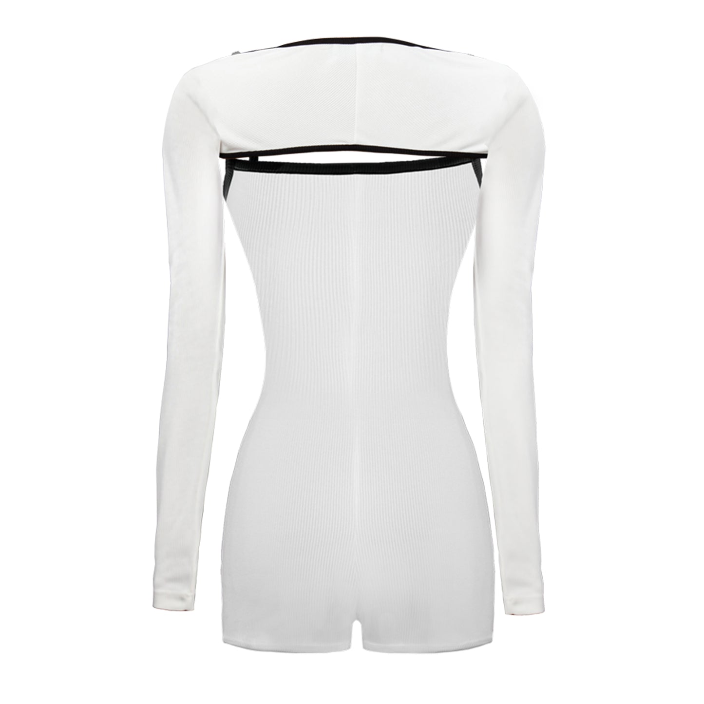 White bodysuit with black accents on a white background