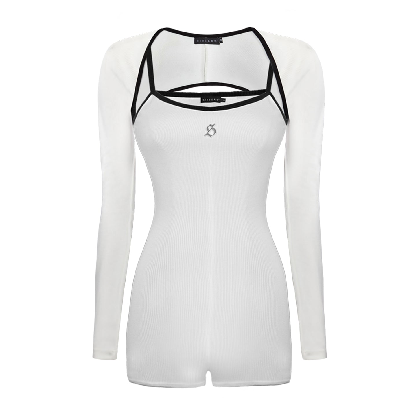 White long-sleeve top with black straps on a white background