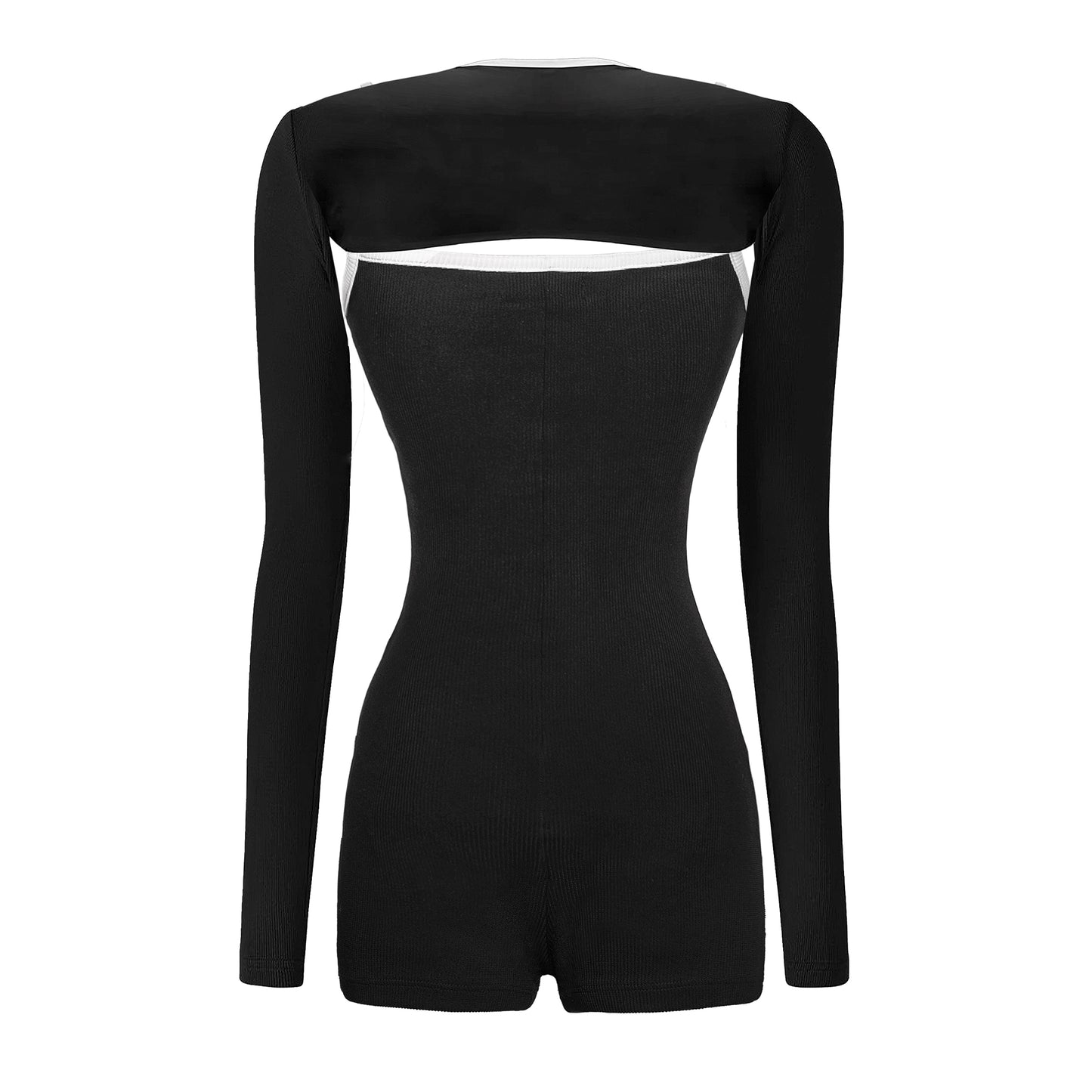 Black bodysuit with sheer panels on a white background