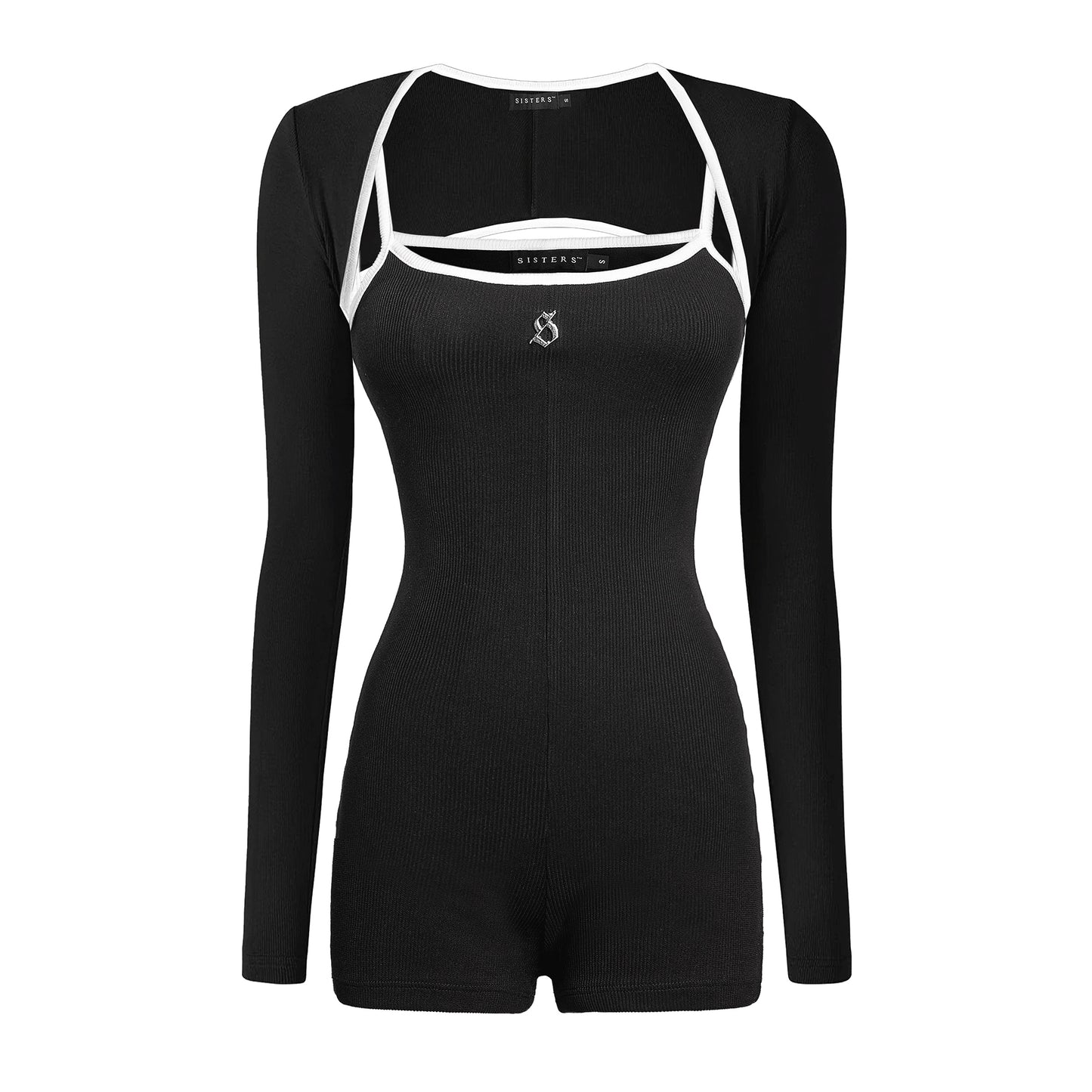 Black bodysuit with white accents on a white background