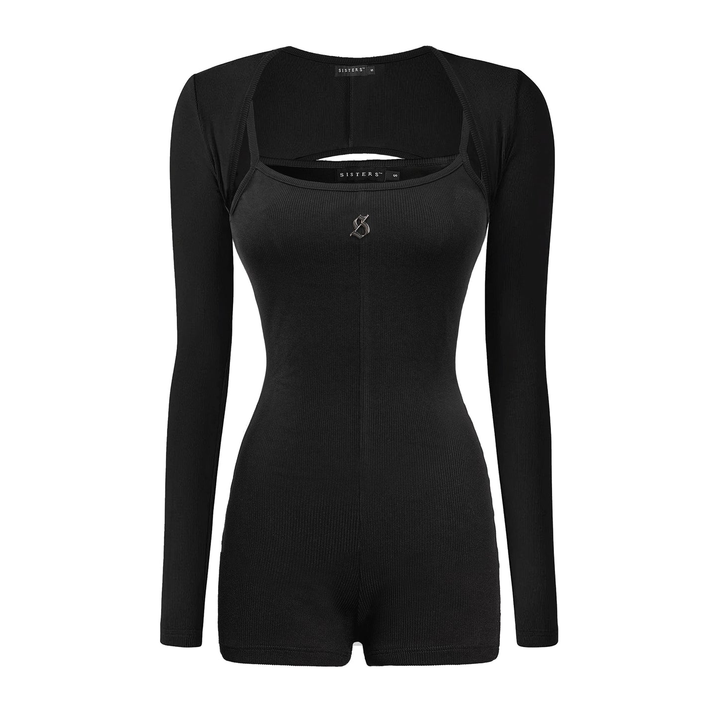 Black bodysuit with long sleeves on a white background