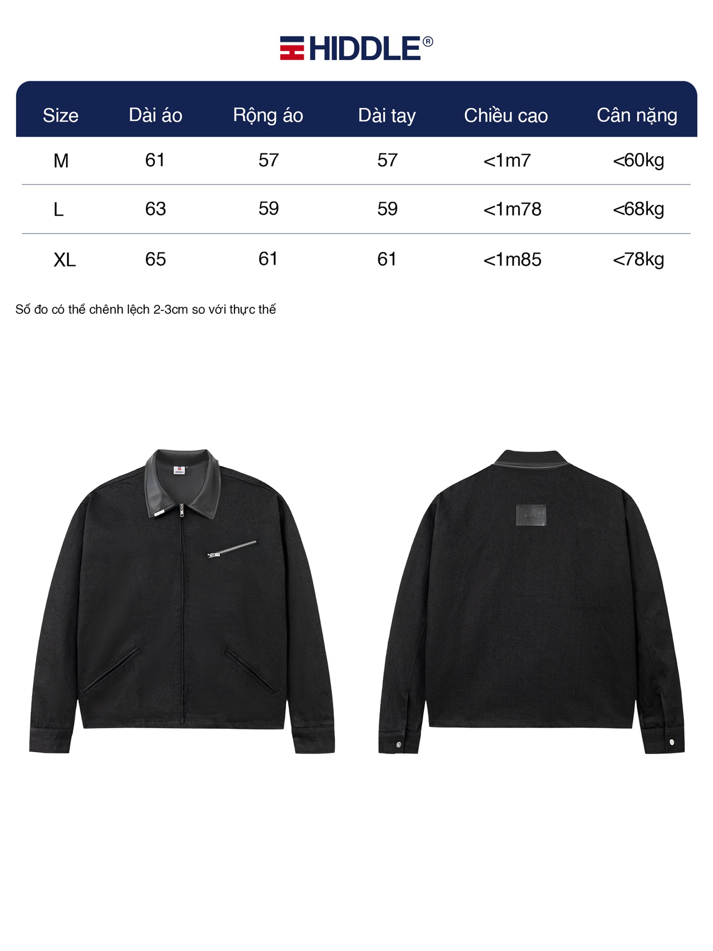 Black jacket with size chart and front and back views on a white background
