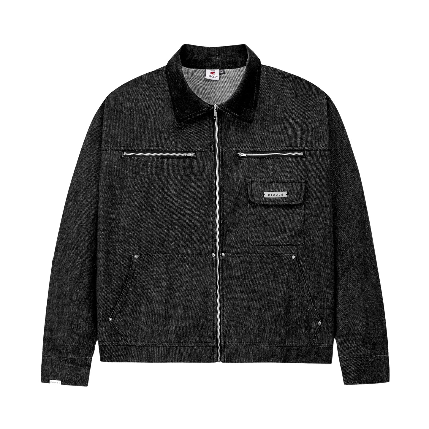 Dark denim jacket with zippers and pockets on a white background