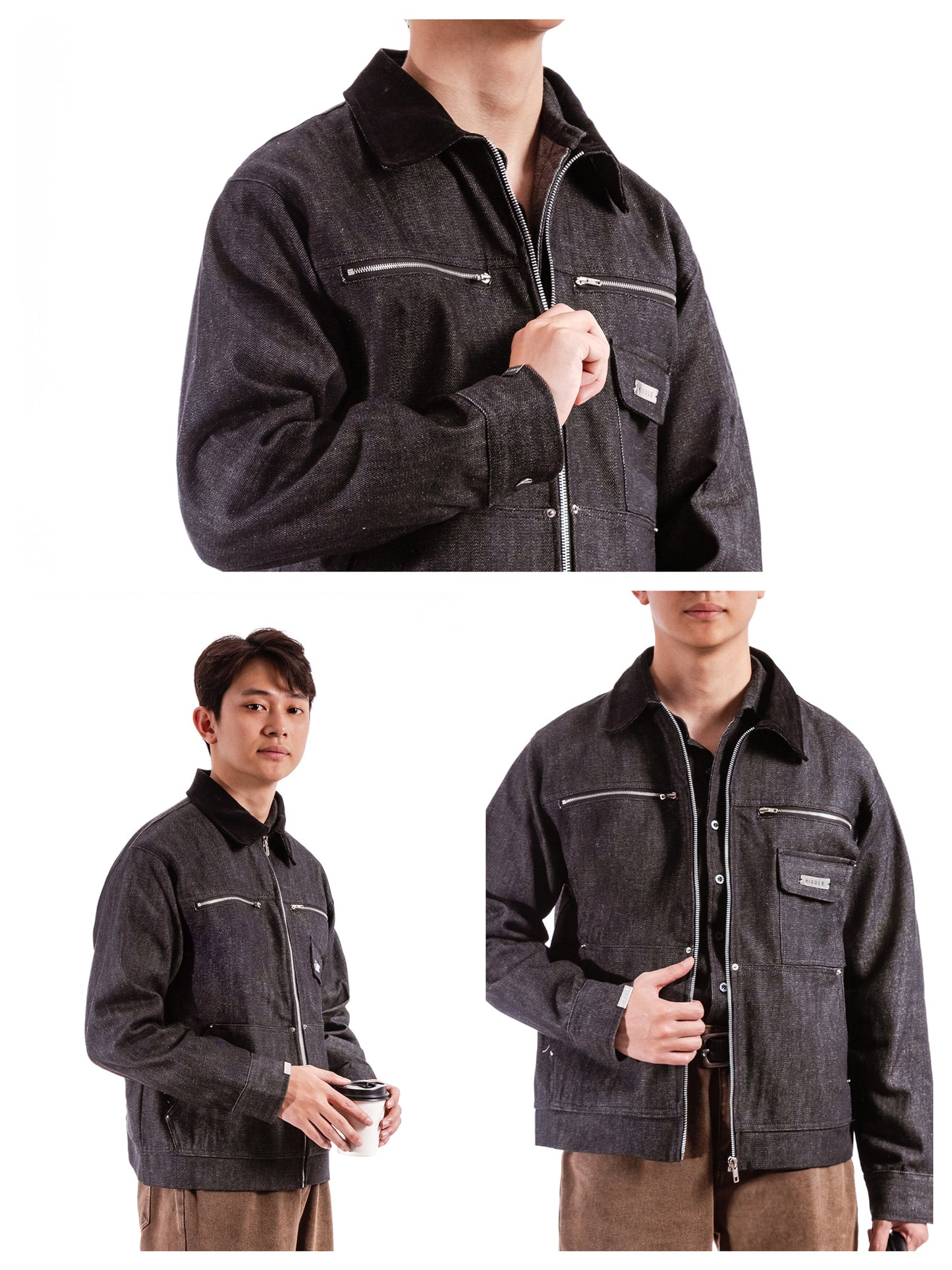 Dark denim jacket with white stitching worn by a person on a white background
