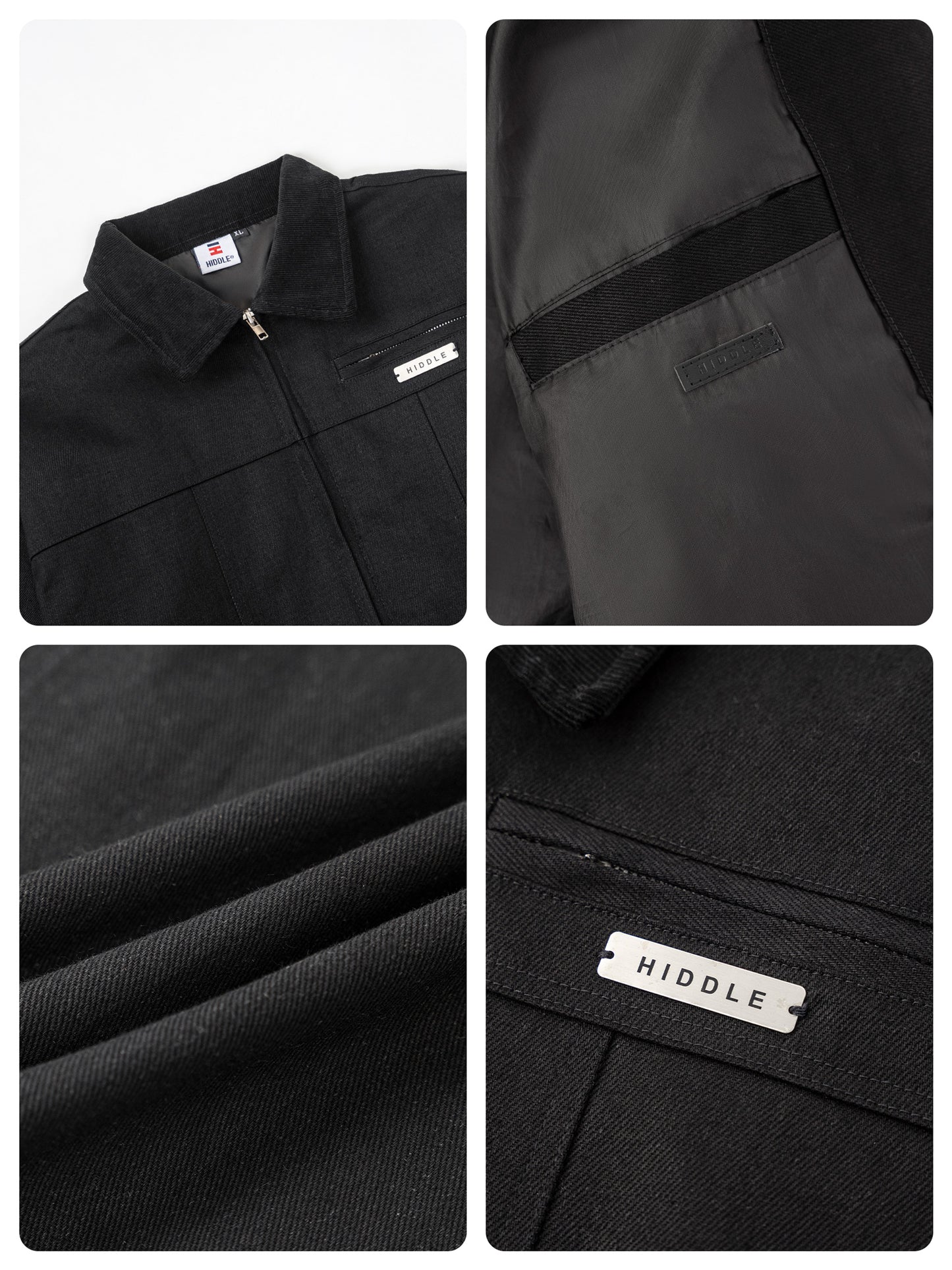 Collage of close-up shots of a black jacket with visible branding.