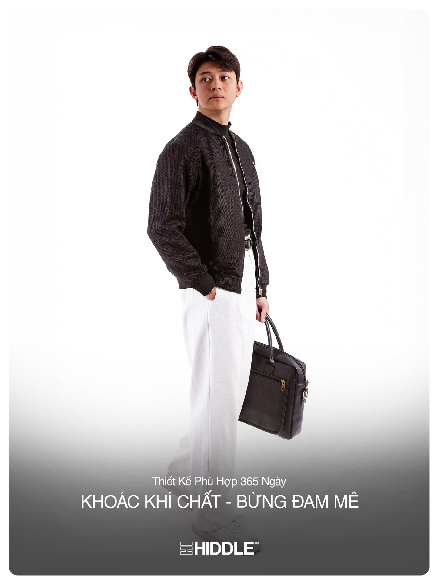 Man holding a briefcase against a white background with Hiddle branding.