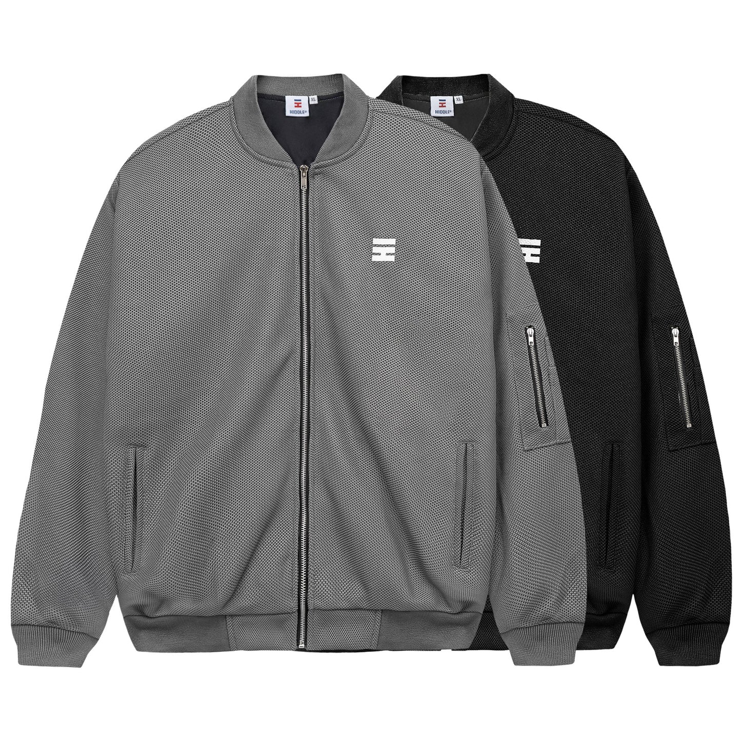 Gray and black bomber jackets with a logo on a white background