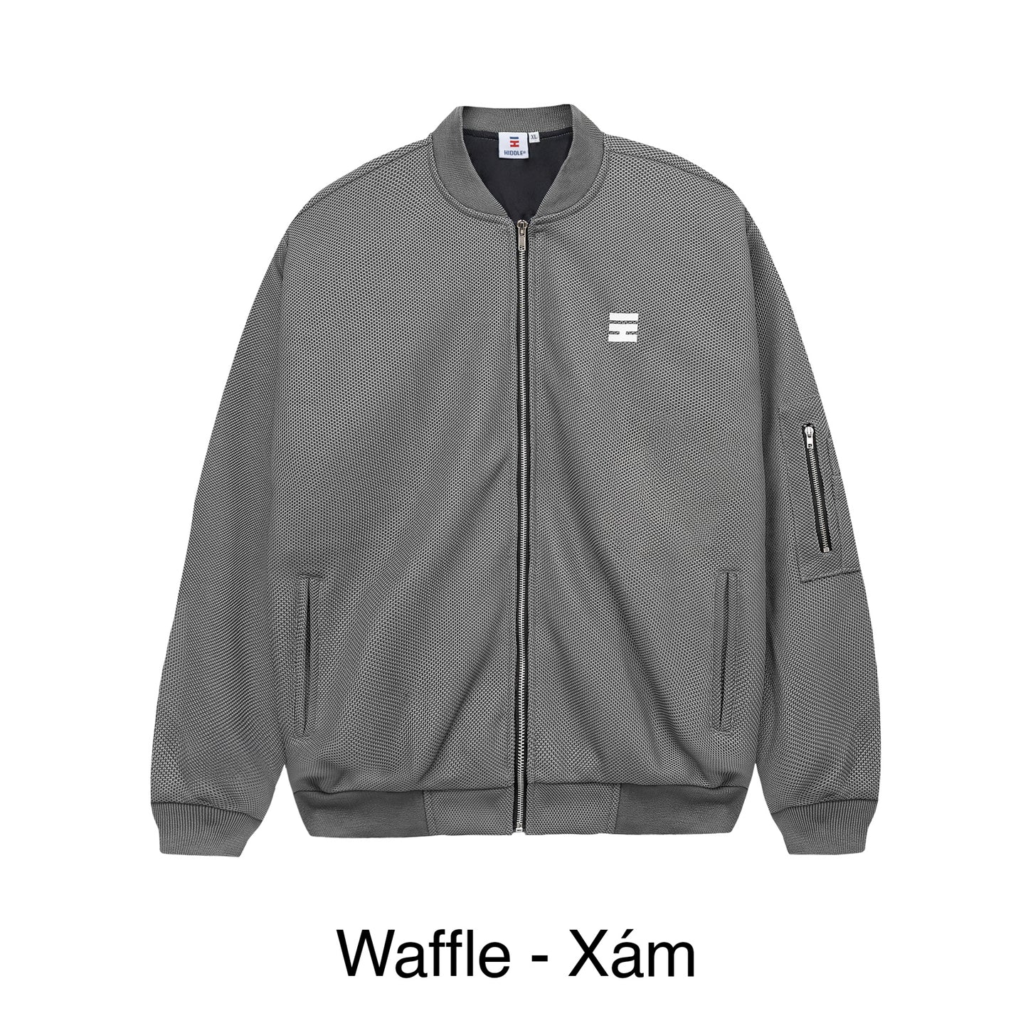 Gray waffle-textured jacket with a brand logo on a white background