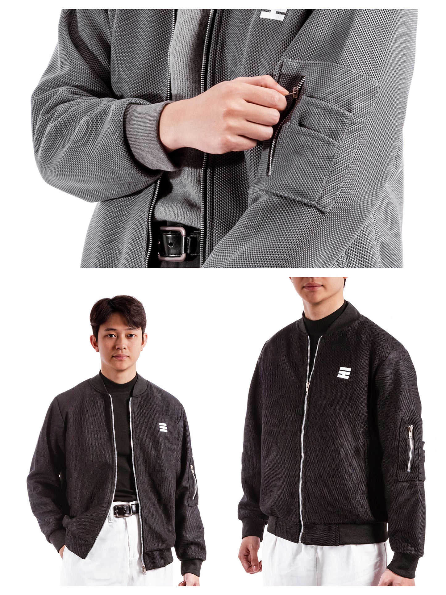 Gray and black bomber jackets with a brand logo on a white background