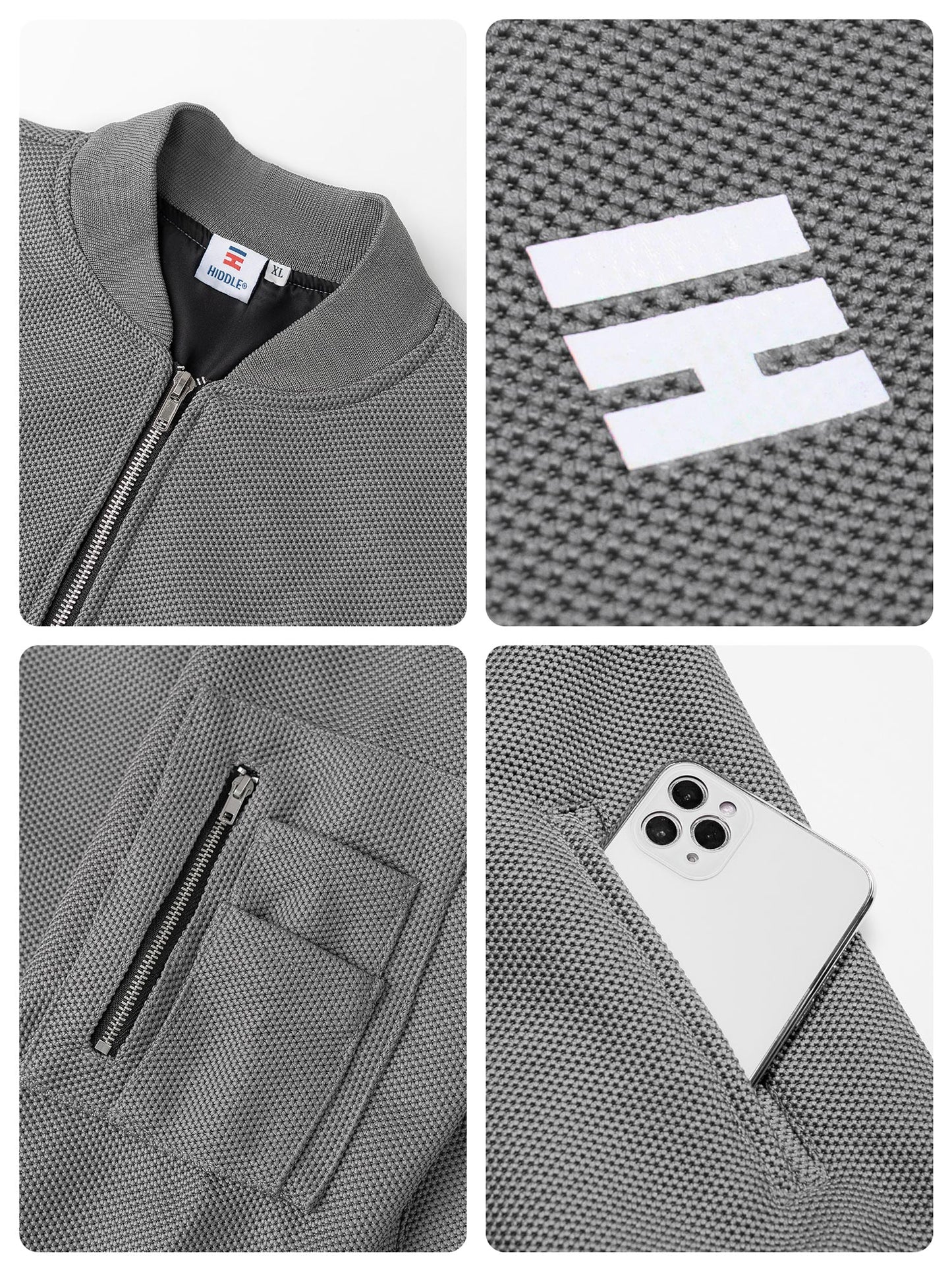 Collage of a gray jacket with a brand logo, zipper, pocket, and phone pocket.