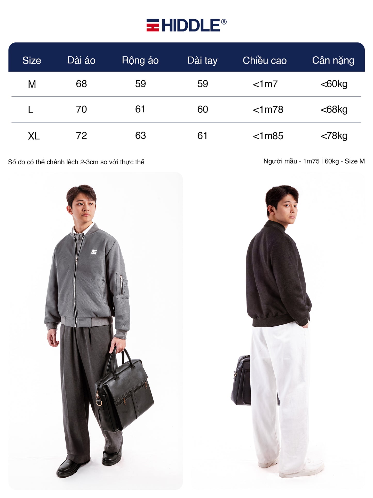 Size chart for Hiddle clothing with two models wearing the outfit.