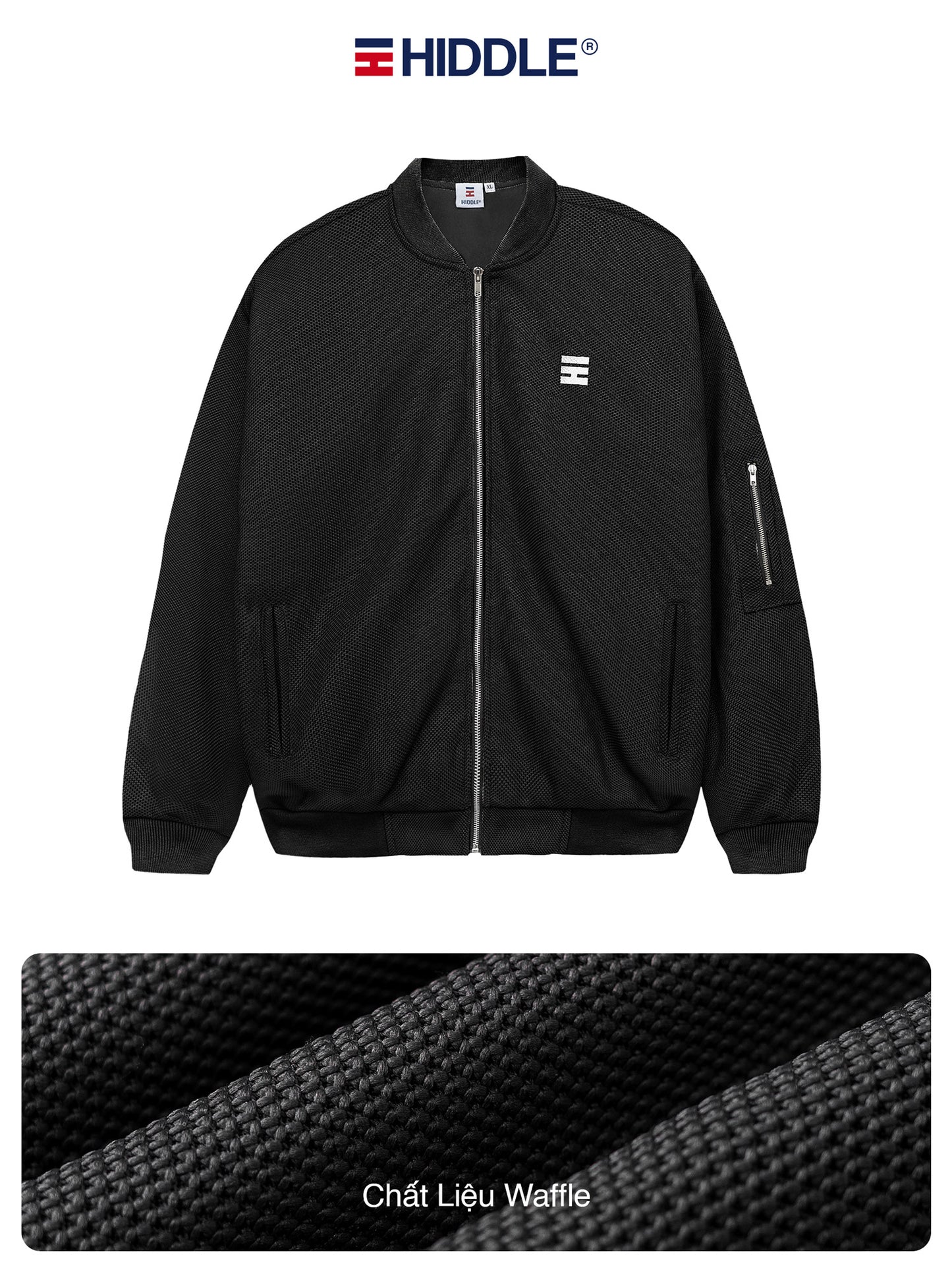 Black jacket with Hiddle logo on a white background