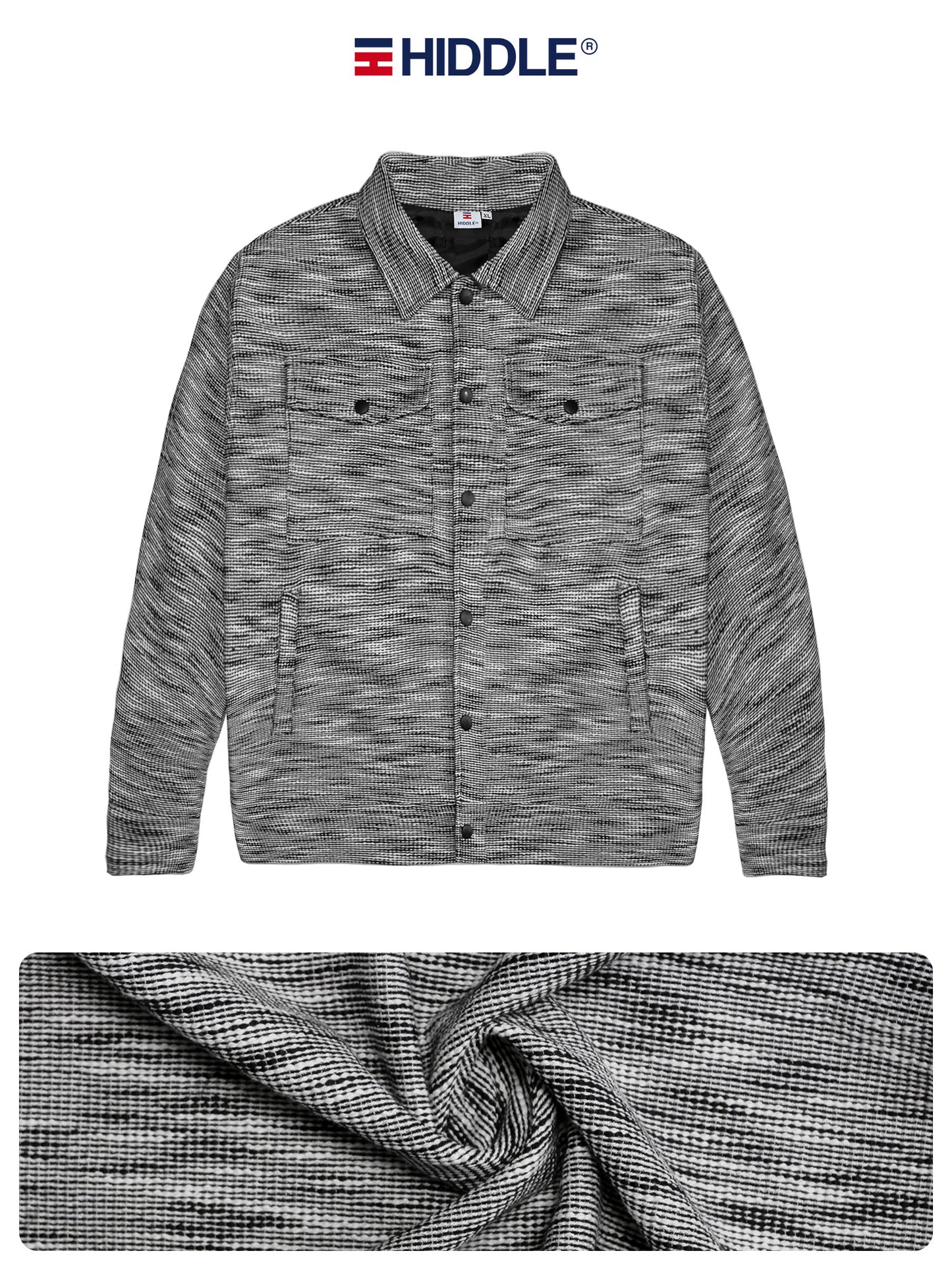 Gray textured jacket with Hiddle branding on a white background