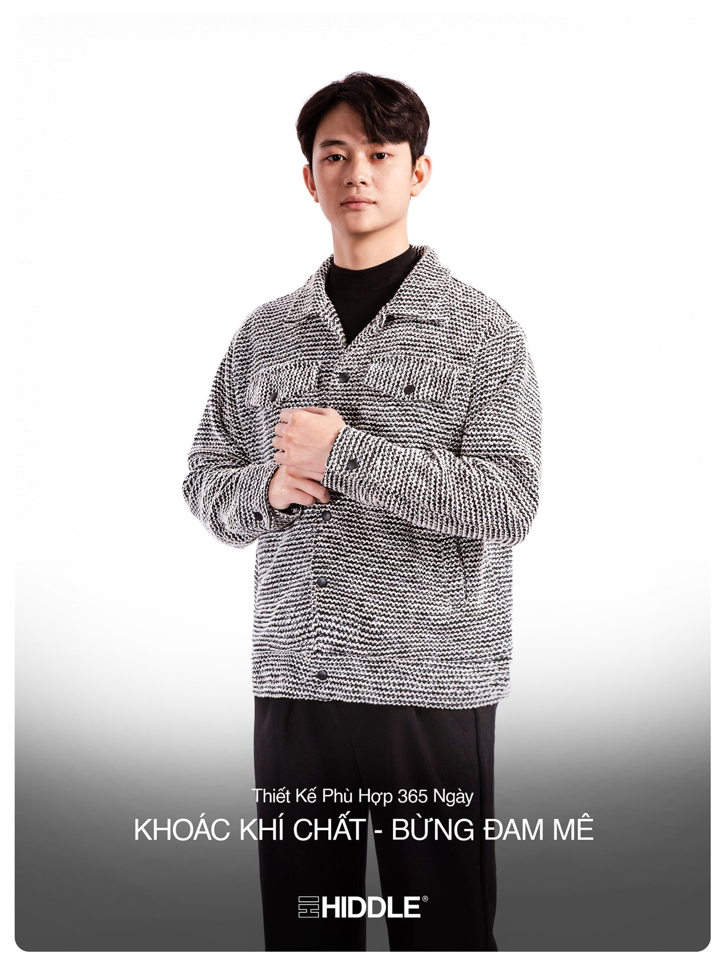 Man wearing a patterned shirt with text overlay on a white background