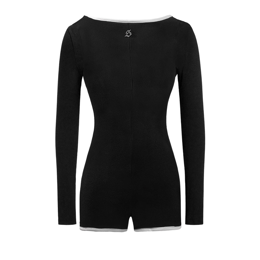 Black bodysuit with long sleeves on a white background