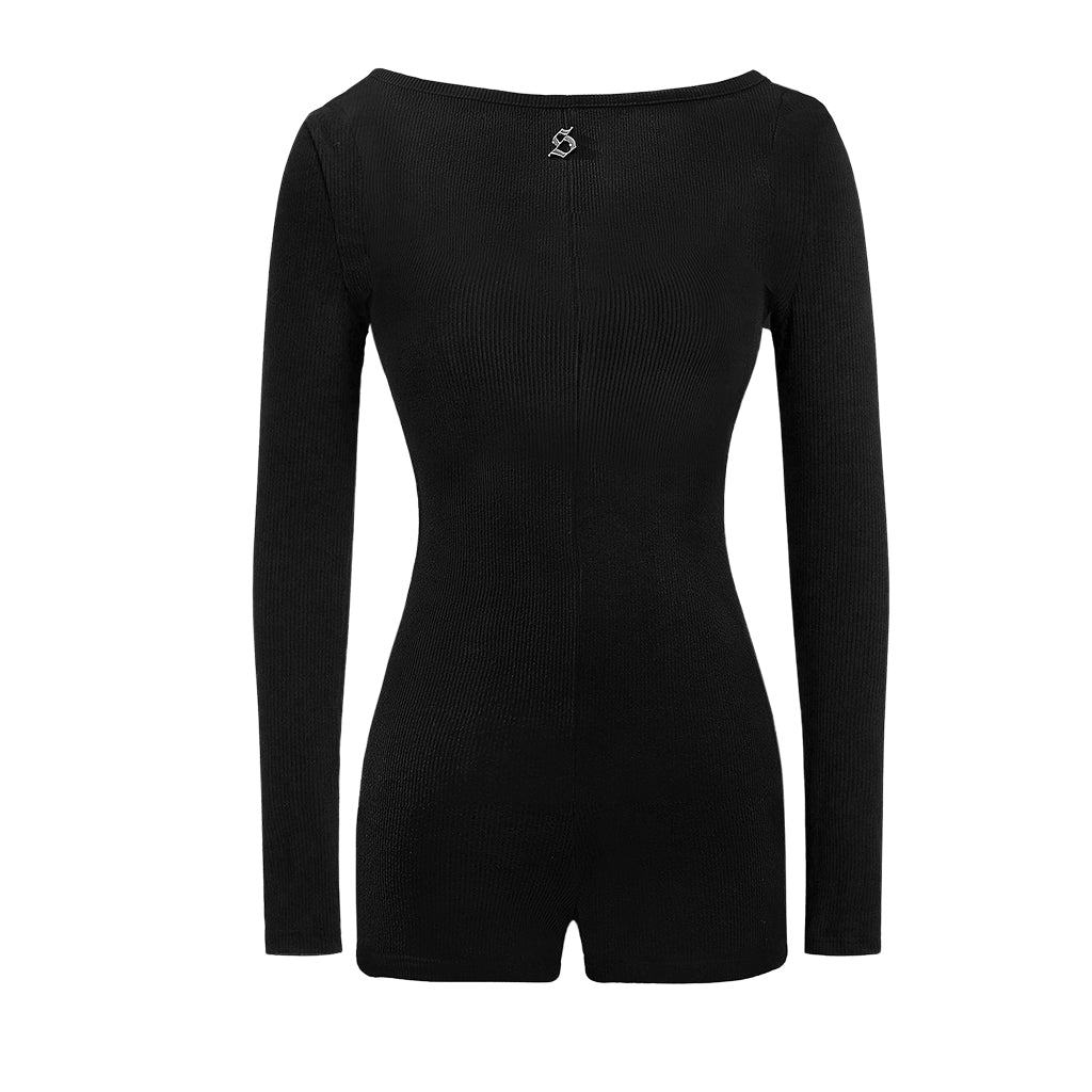 Black bodysuit with long sleeves on a white background