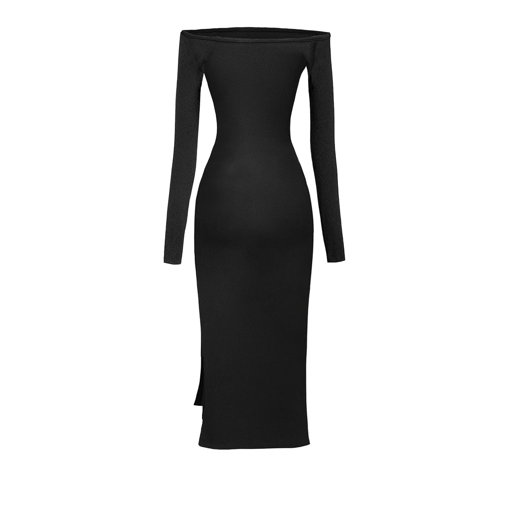 Black long-sleeve dress on a white background