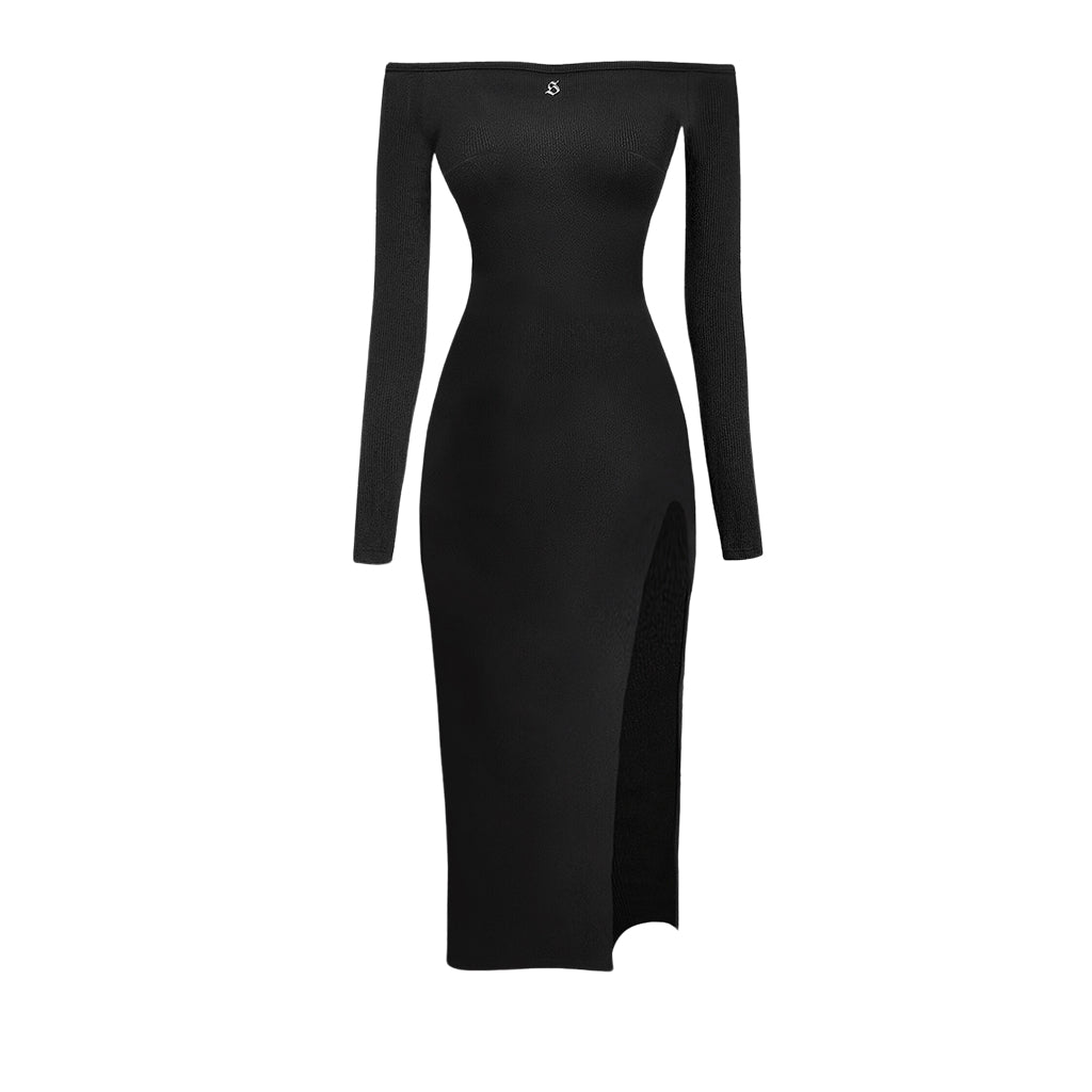 Black off-shoulder dress with a slit on a white background