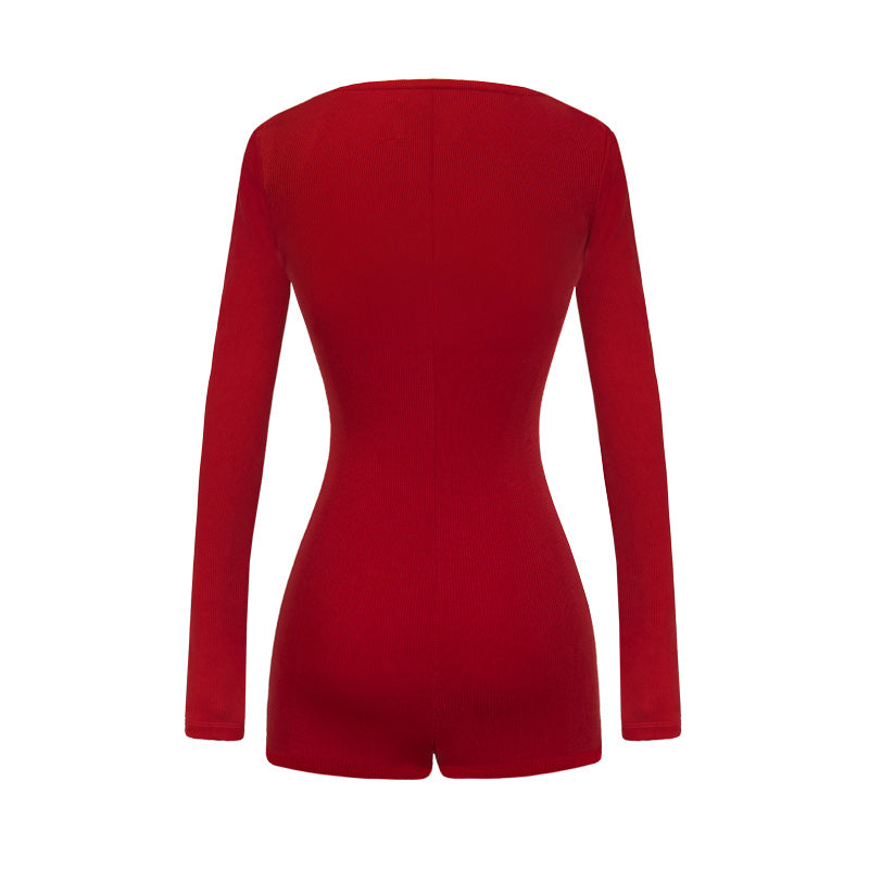 Red bodysuit with long sleeves on a white background
