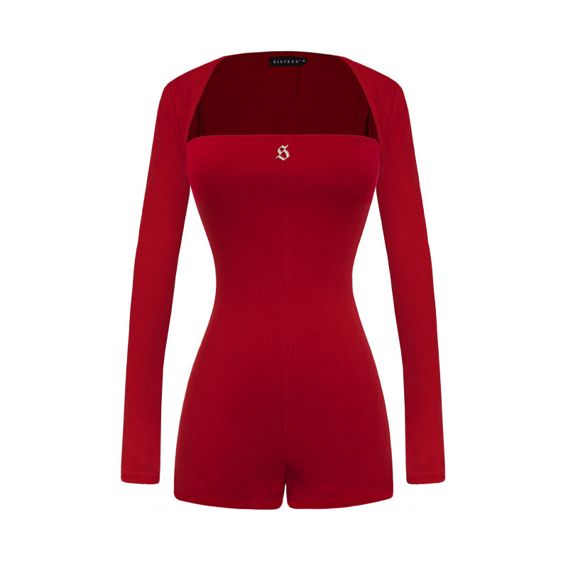 Red bodysuit with long sleeves on a white background