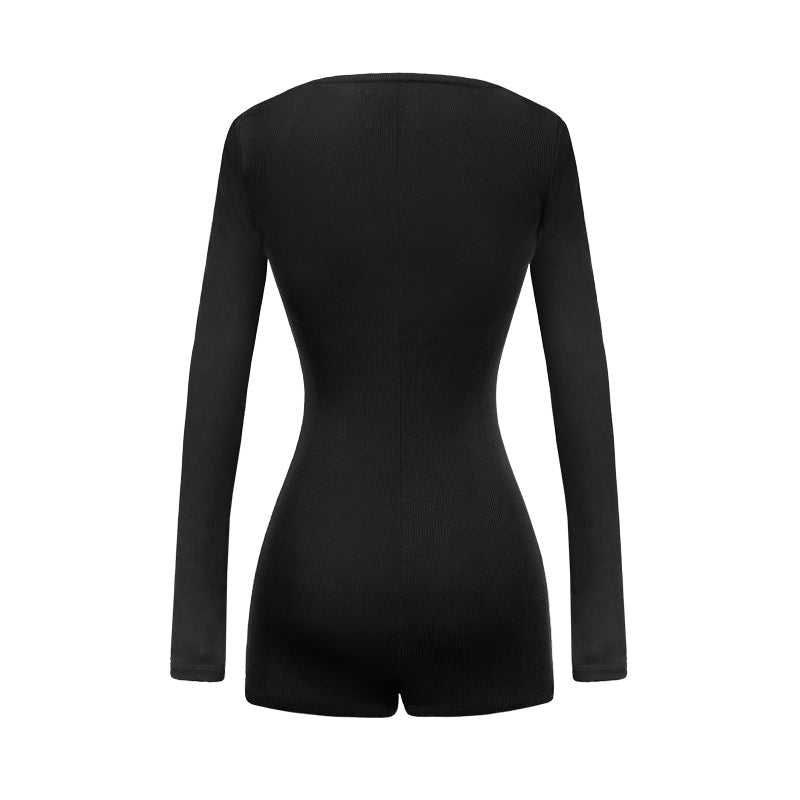 Black bodysuit with long sleeves on a white background