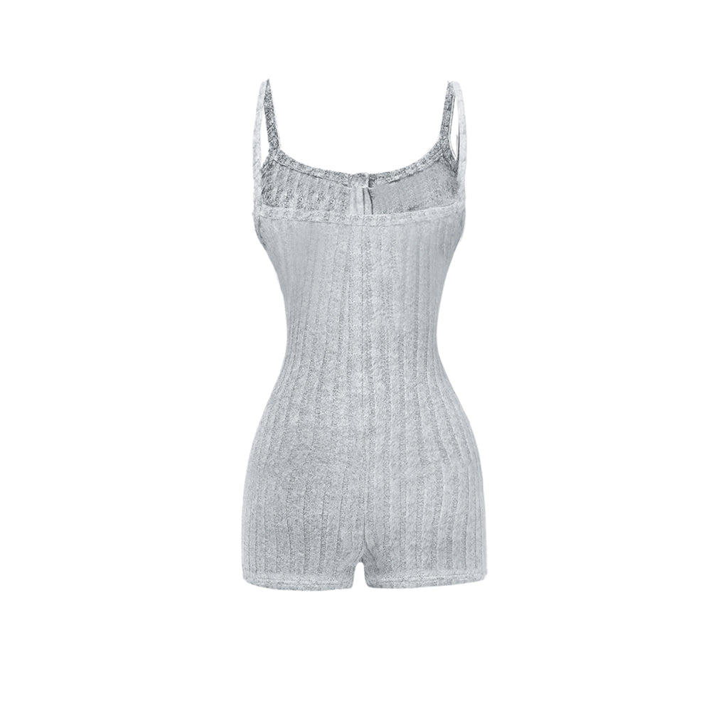 Gray ribbed romper with lace trim on a white background