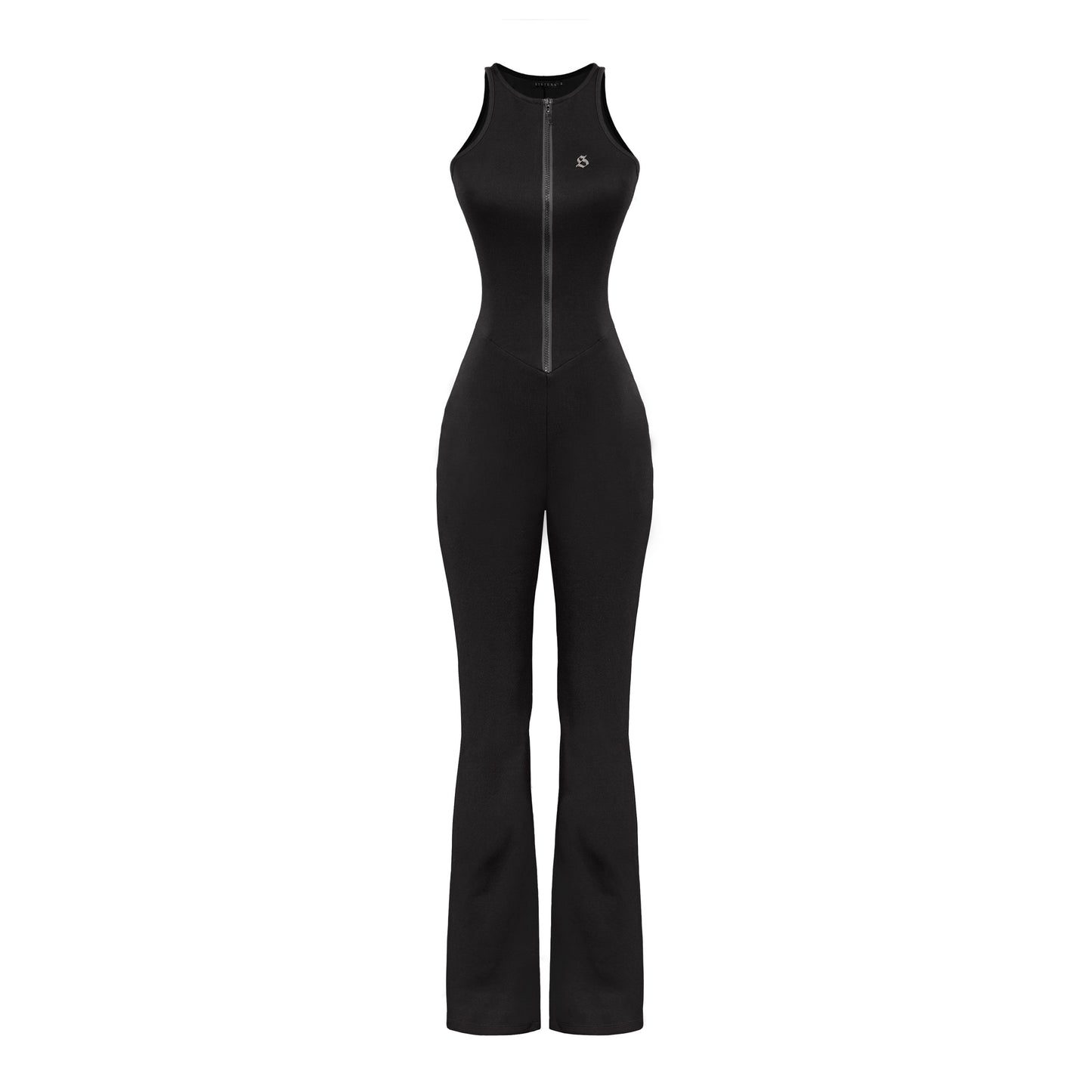Black jumpsuit with a zipper on a white background