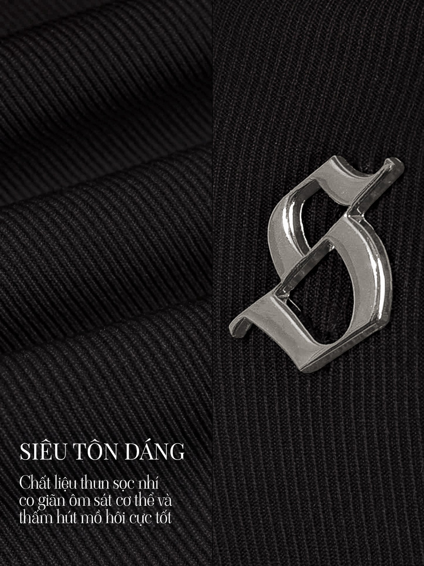 Close-up of a silver logo on black textured fabric with text overlay.