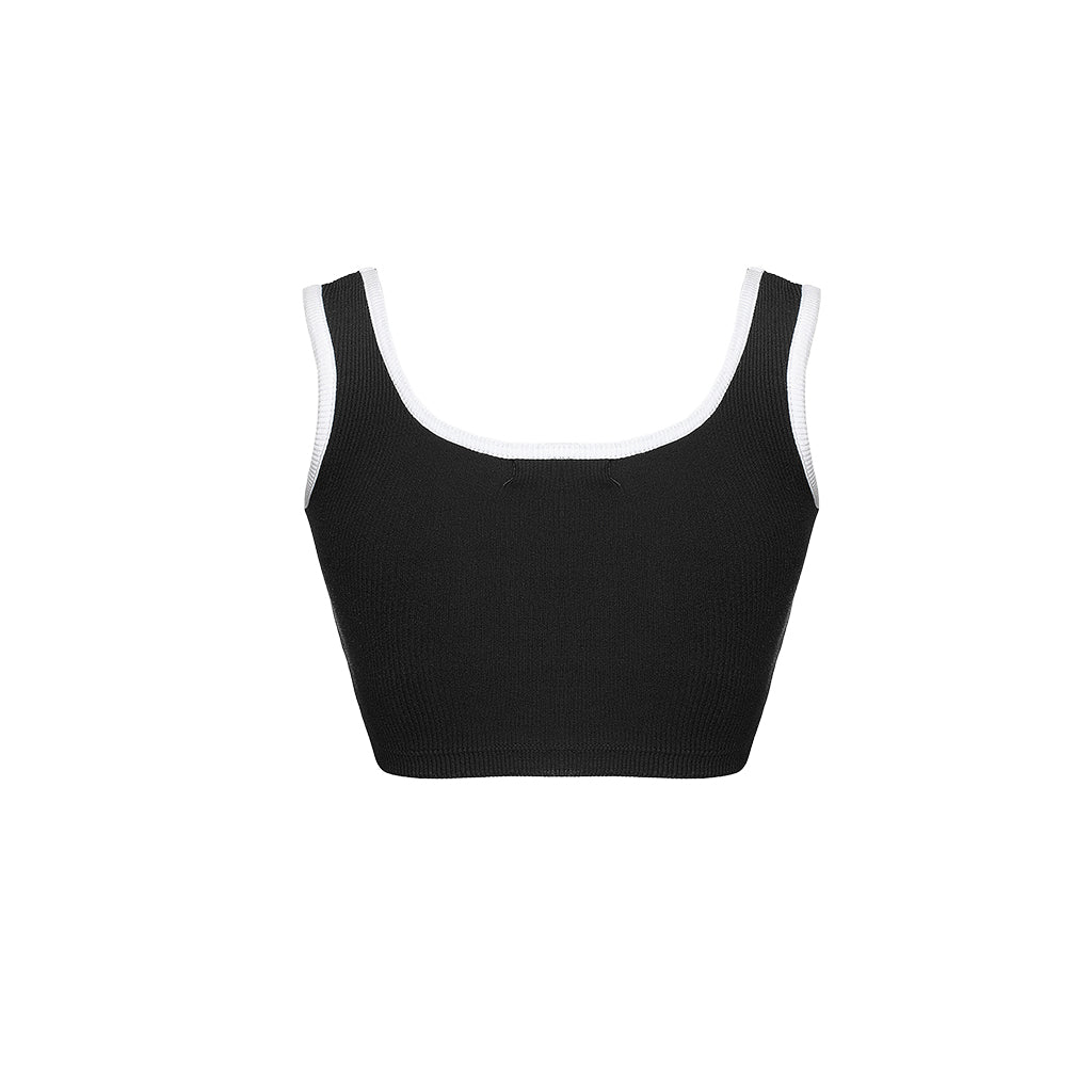 Black crop top with white trim on a white background