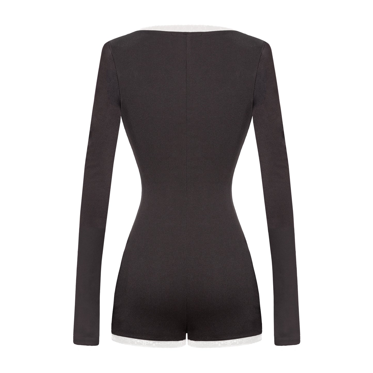 Black bodysuit with long sleeves on a white background