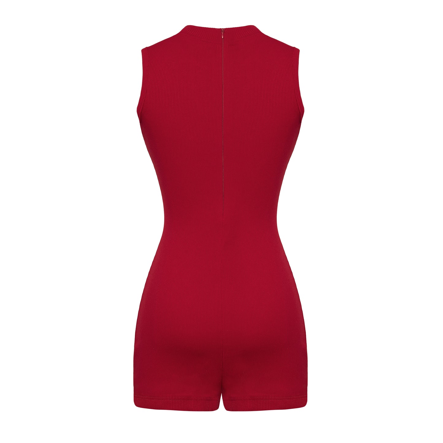 Red sleeveless romper on a white background