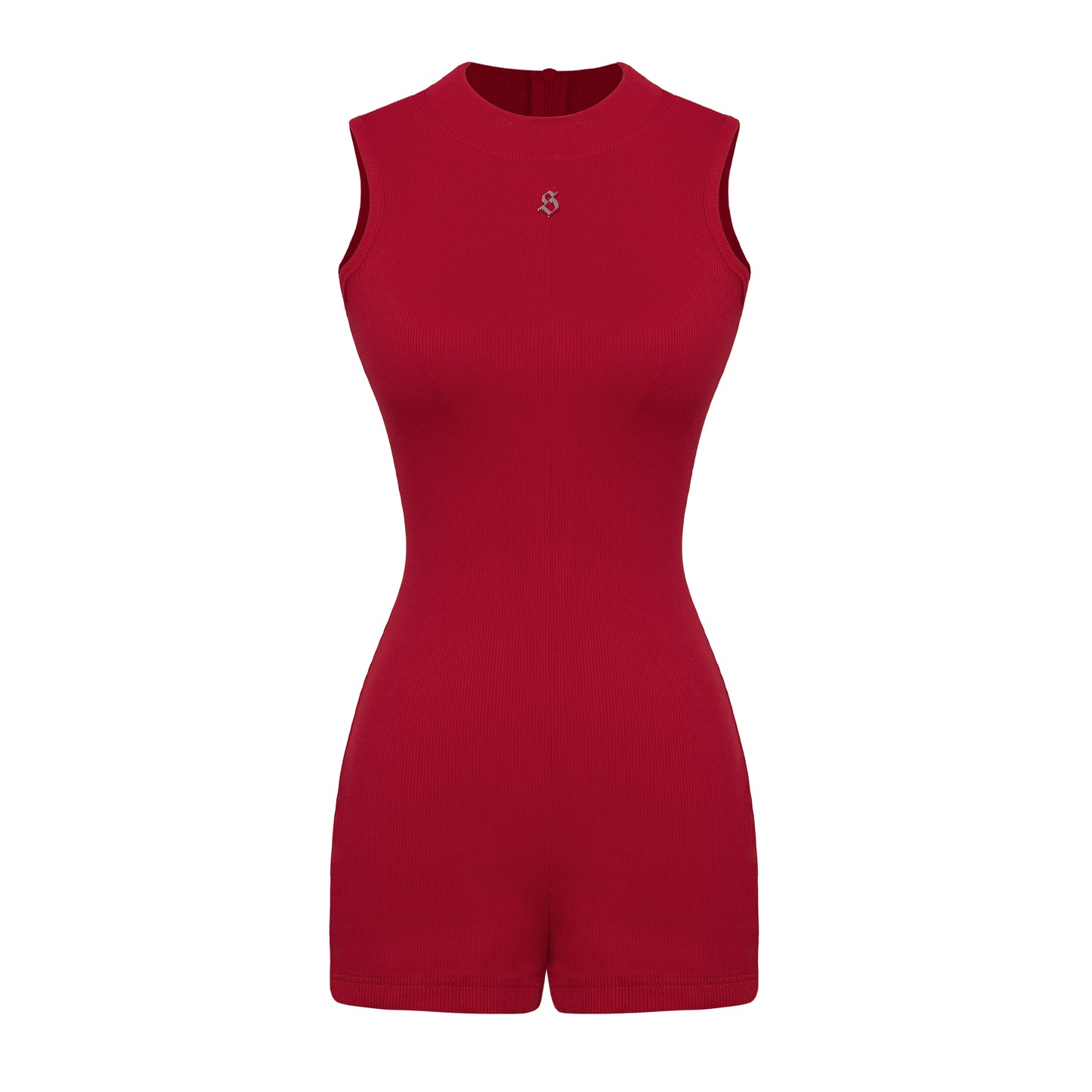 Red sleeveless romper on a white background