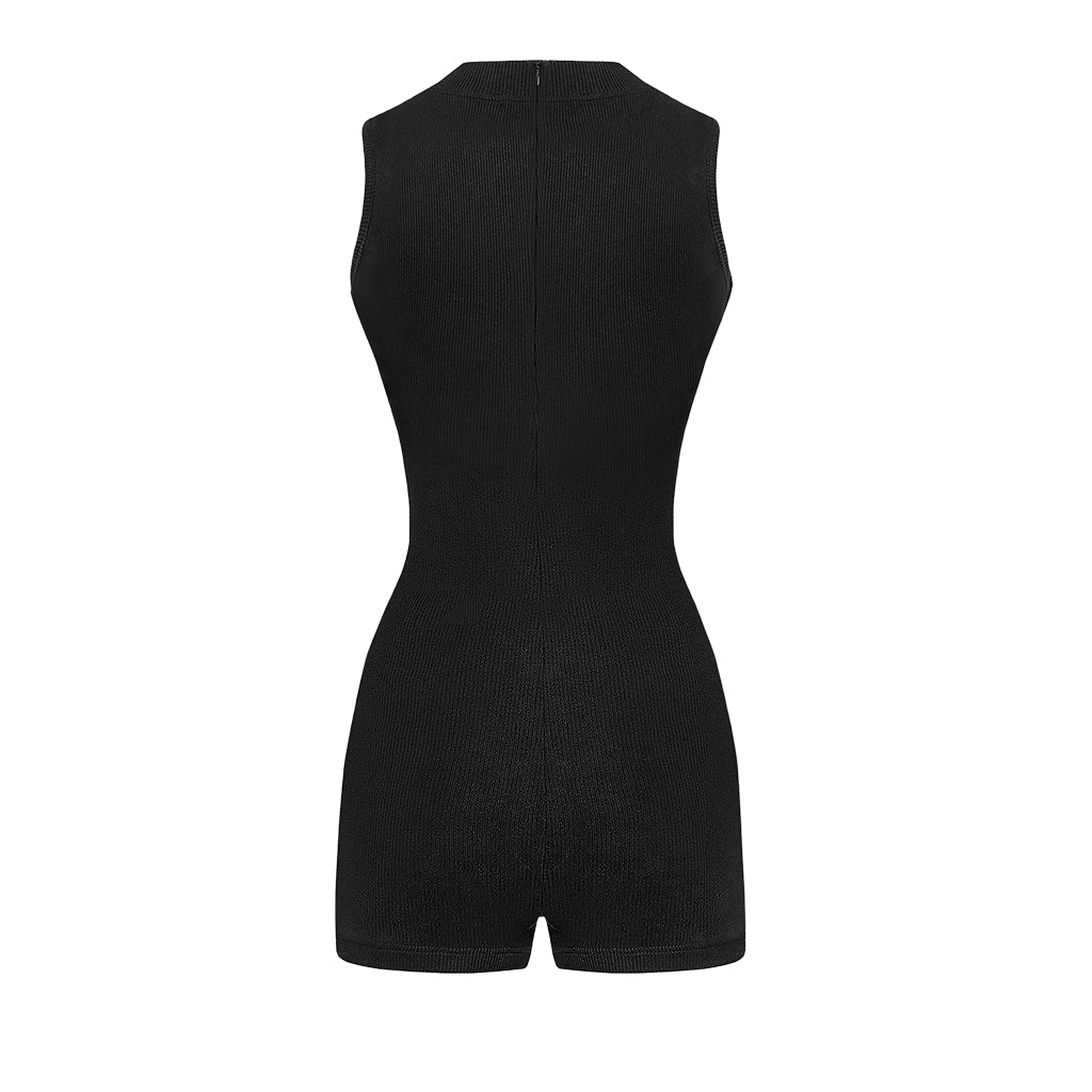 Black sleeveless romper on a white background