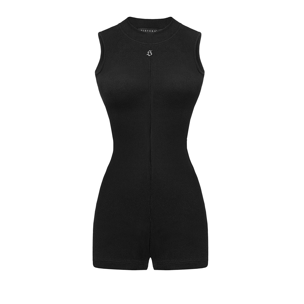 Black sleeveless romper on a white background
