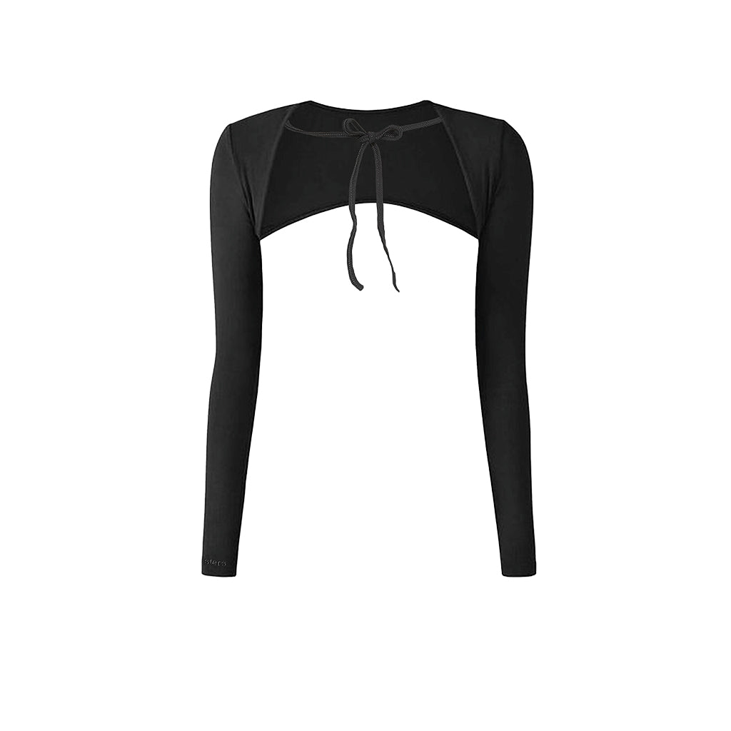 Black long-sleeve top with a tied front on a white background