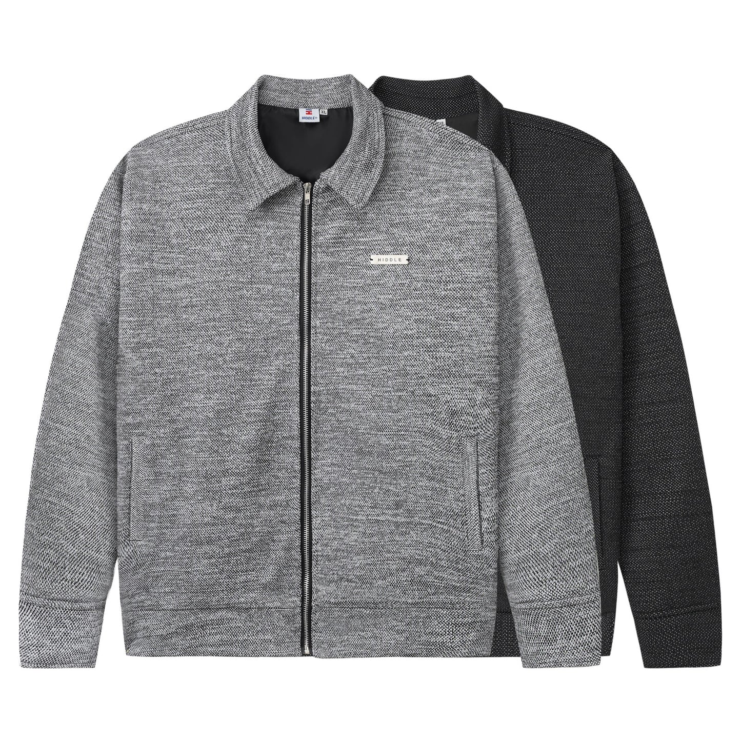 Gray and black zip-up jackets on a white background