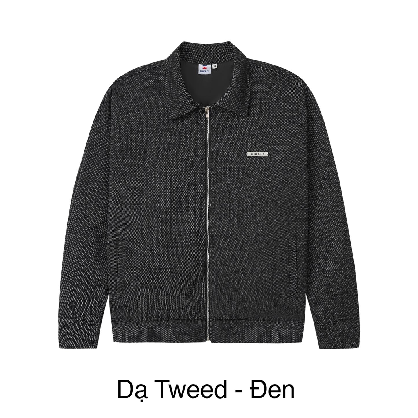 Dark gray textured jacket with a zipper on a white background