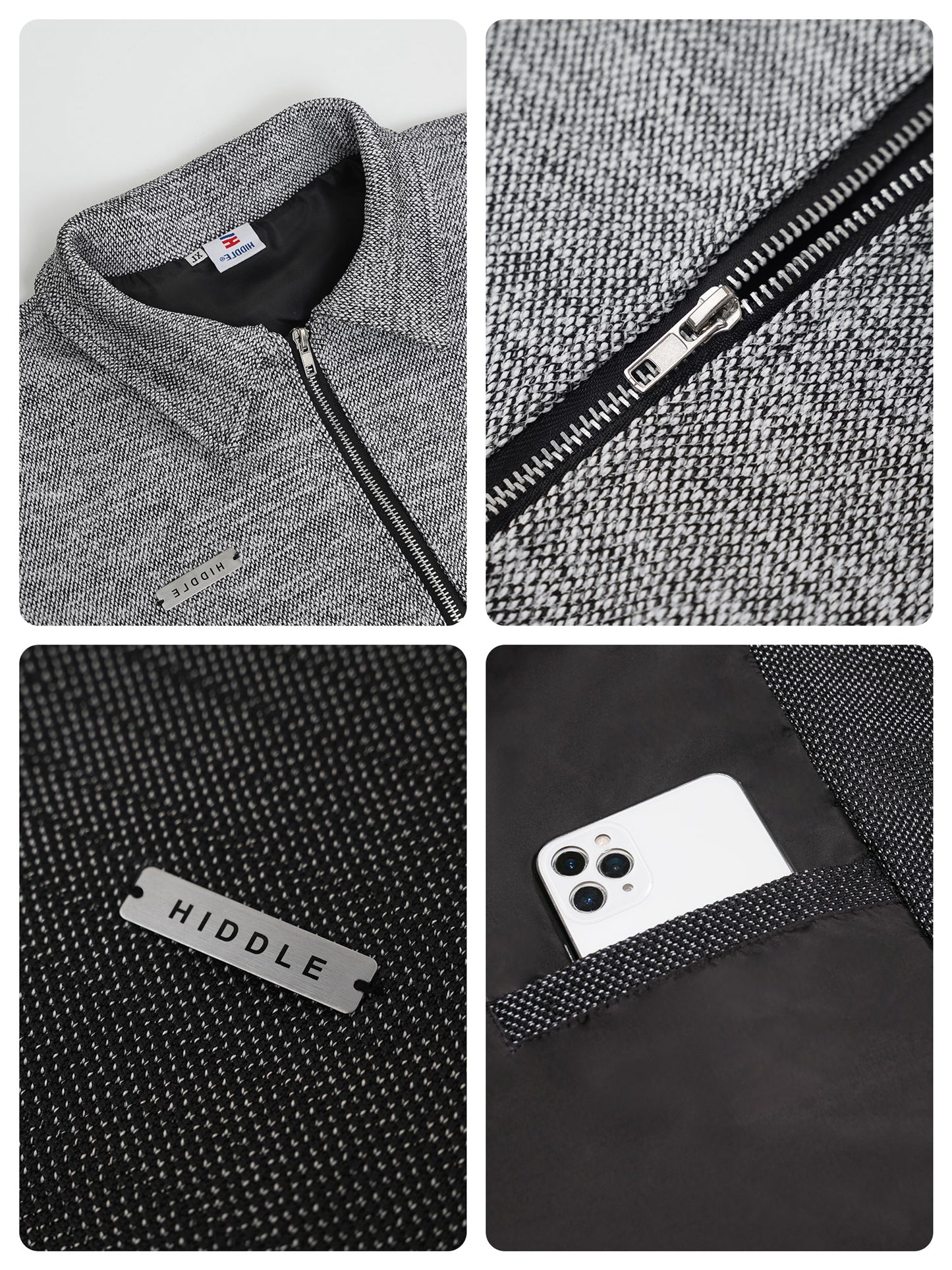 Collage of a gray jacket with close-up details including a zipper, brand label, and pocket.