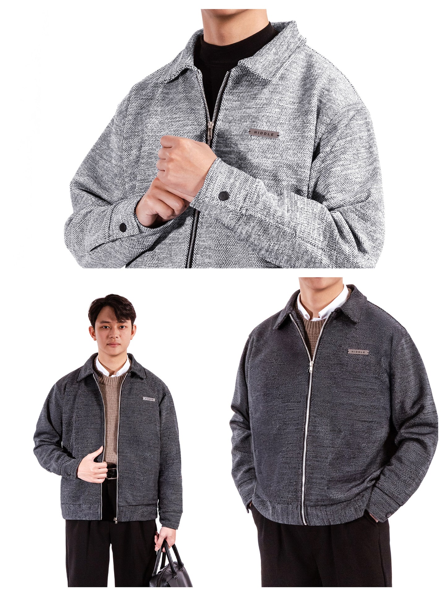 Gray jacket worn by a person on a white background