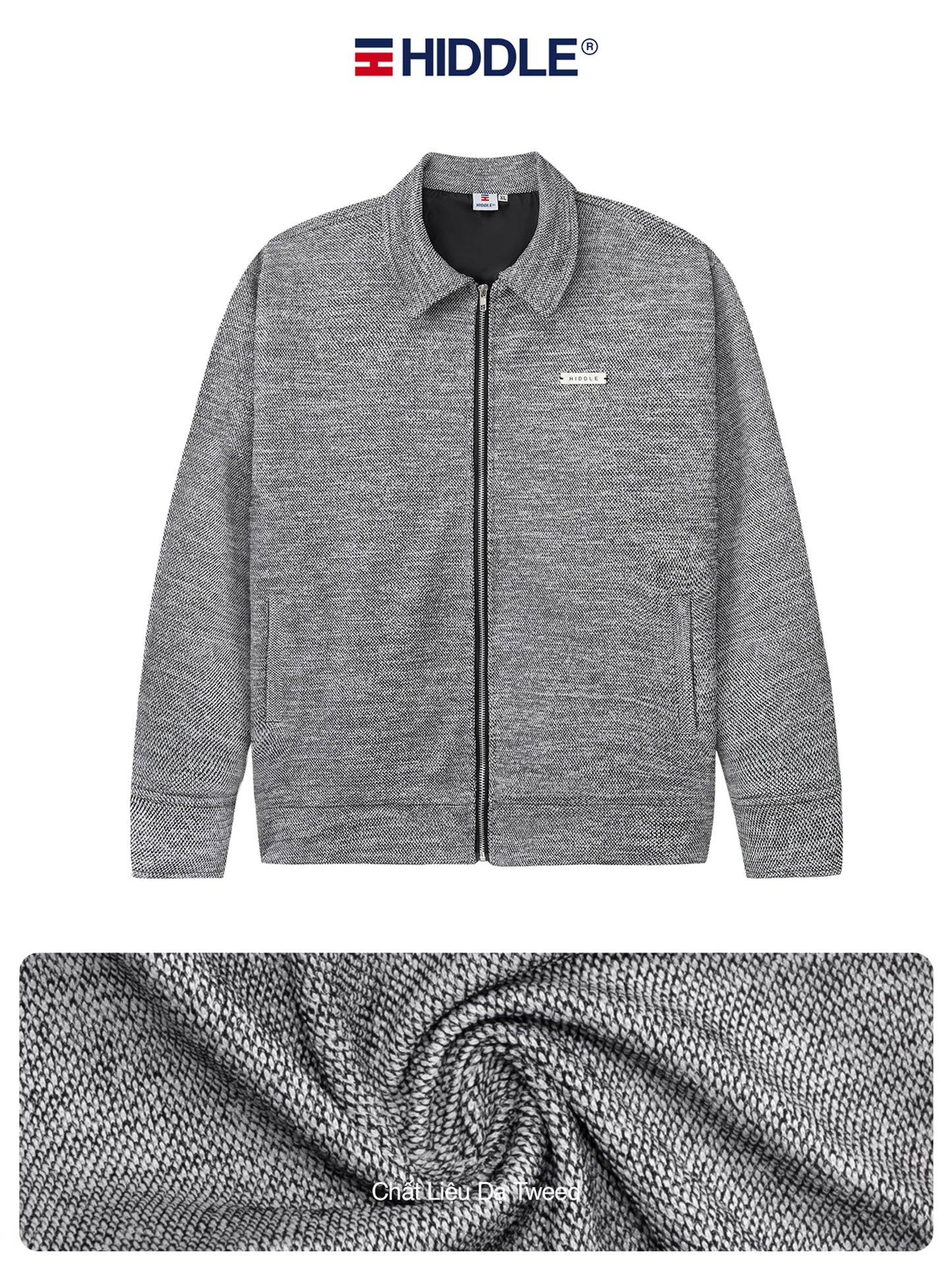 Gray jacket with Hiddle logo on a white background